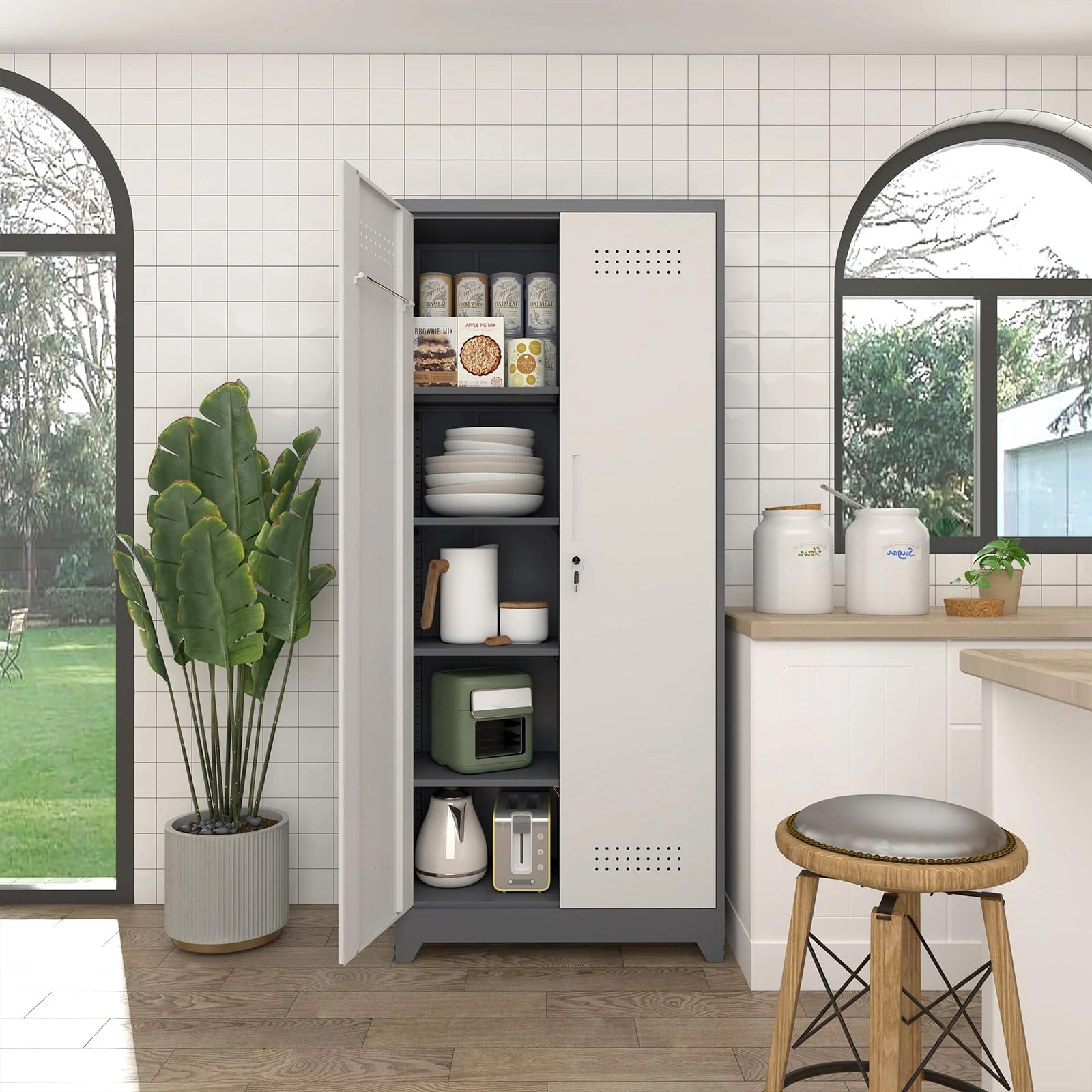 Marcree Broom Closet with Locking Doors,72.8-H Cleaning Tool Storage Cabinet with Hanging Rod & Hooks,Heavy-Duty Tool Garage Storage Cabinet for Utility Room,Grey