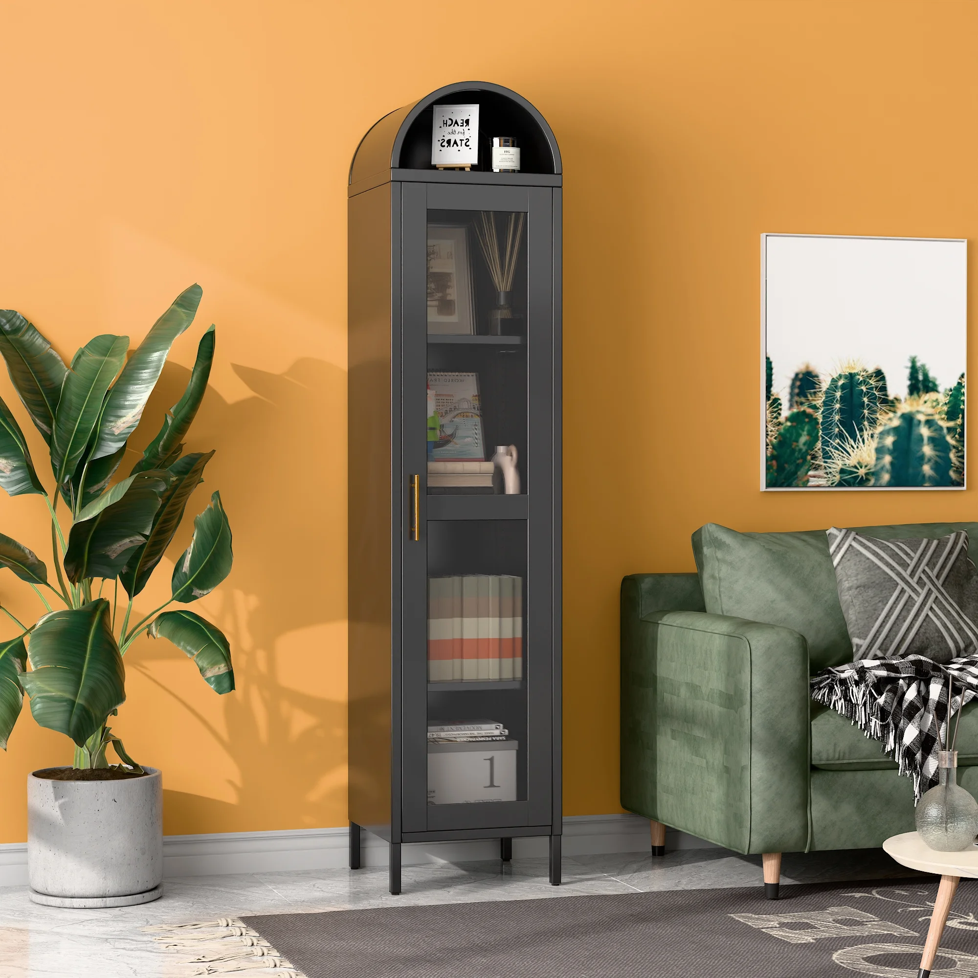 SUXXAN Metal Arched Storage Display Lockable Cabinets with Glass Doors and Adjustable Shelves, Assembly Required, Black