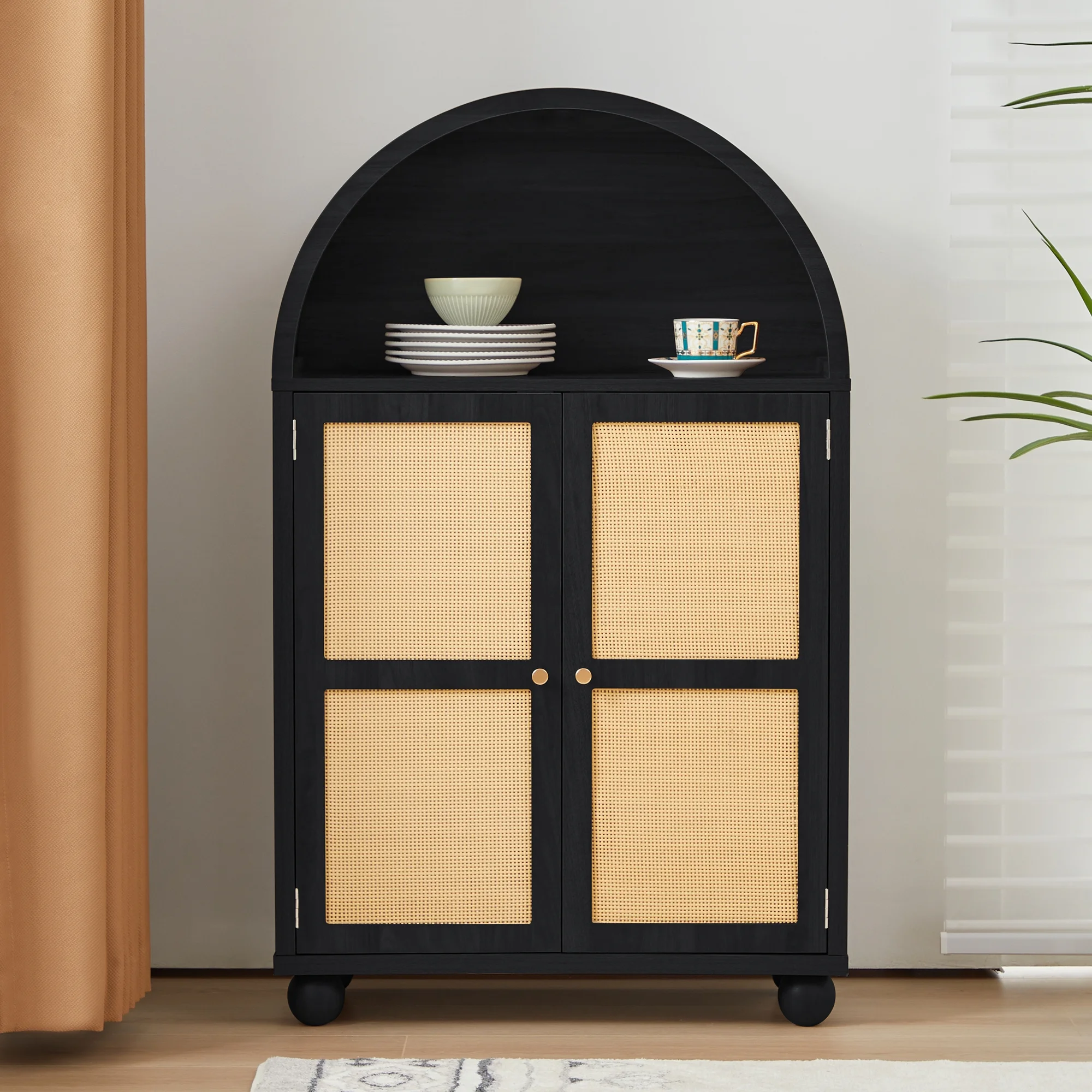 Wirrytor Arched Kitchen Storage Cabinet, Sideboard Buffet Cabinet with 2-Tier and 2 Doors, Black Sideboard, Kitchen Pantry Cabinet, Wooden Storage Cabinet for Living Room