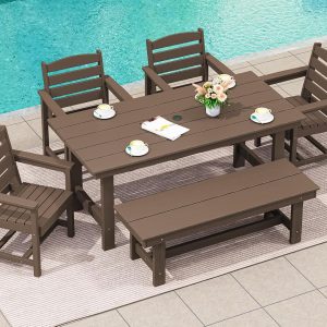 SERWALL 7-Piece Patio Table Set, Outdoor HDPE Dining Furniture with Umbrella Hole, All Weather Table and Chairs for Lawn, Garden, Poolside, Aruba