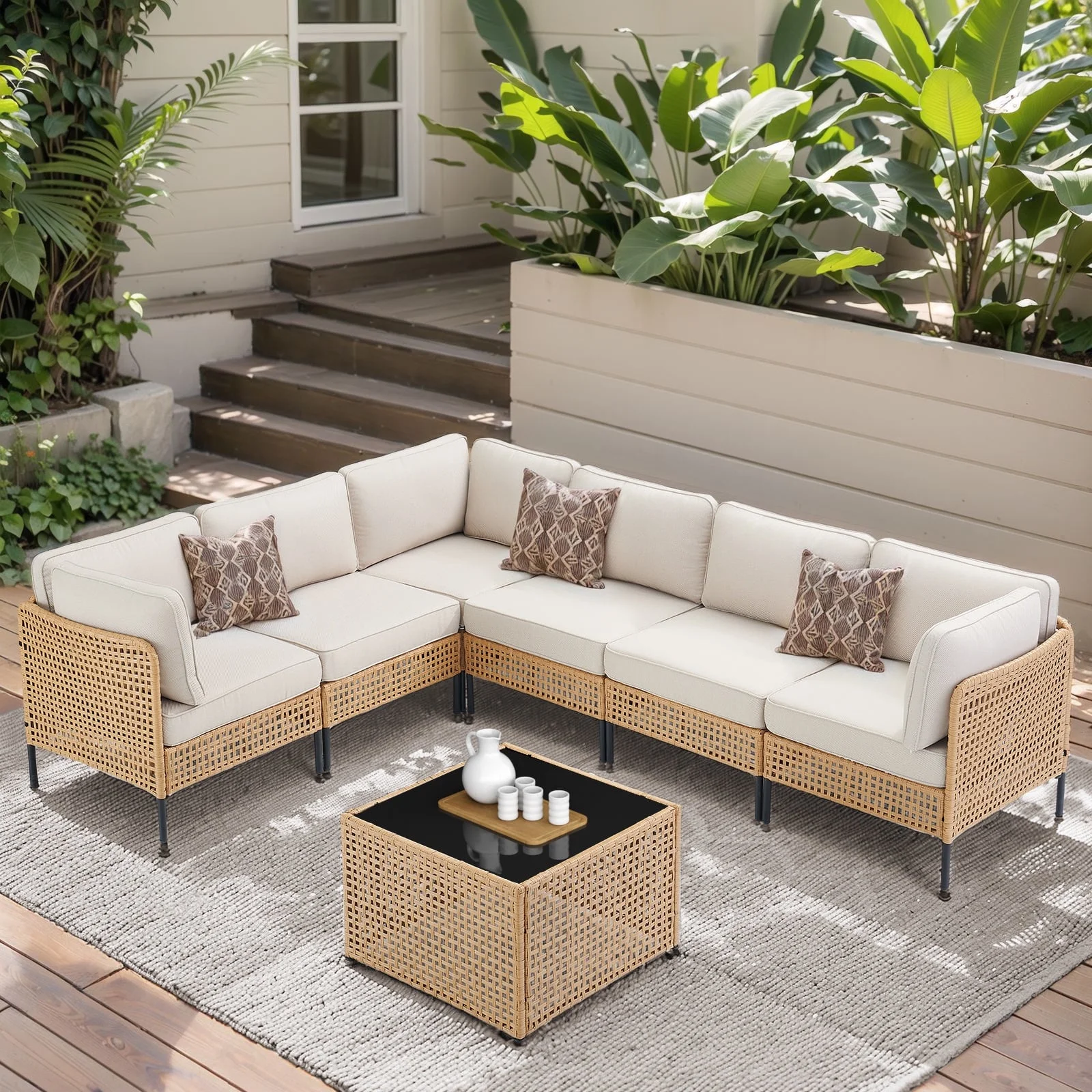 PPorfamilia Outdoor Modular Sectional Furniture Set, 7 Piece Natural PE Rattan Sofa Set with 2 Corner Chairs, 4 Middle Chairs, Side Table, and Beige Deep Seat Cushions, for Patio Backyard Deck