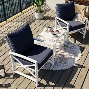 SUNLEI 3 Pcs Patio Outdoor Furniture Set, Porch Chairs Conversation Sets with Glass Coffee Table, Outside Metal Sofa Set for Garden, Balcony, Poolside, Backyard, Blue