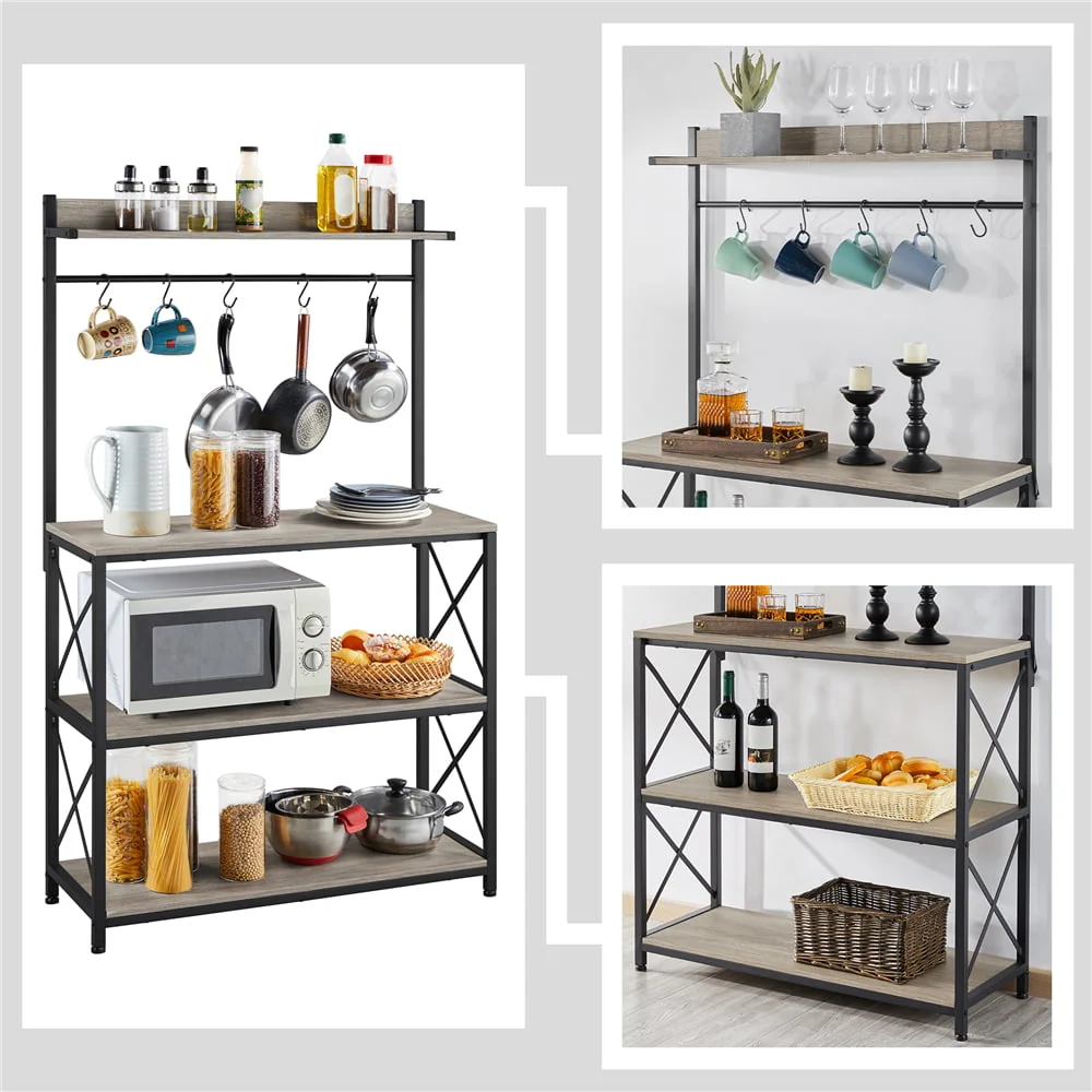 SmileMart 4-Tier Bakers Rack Kitchen Storage Shelf with S-Hooks, Gray