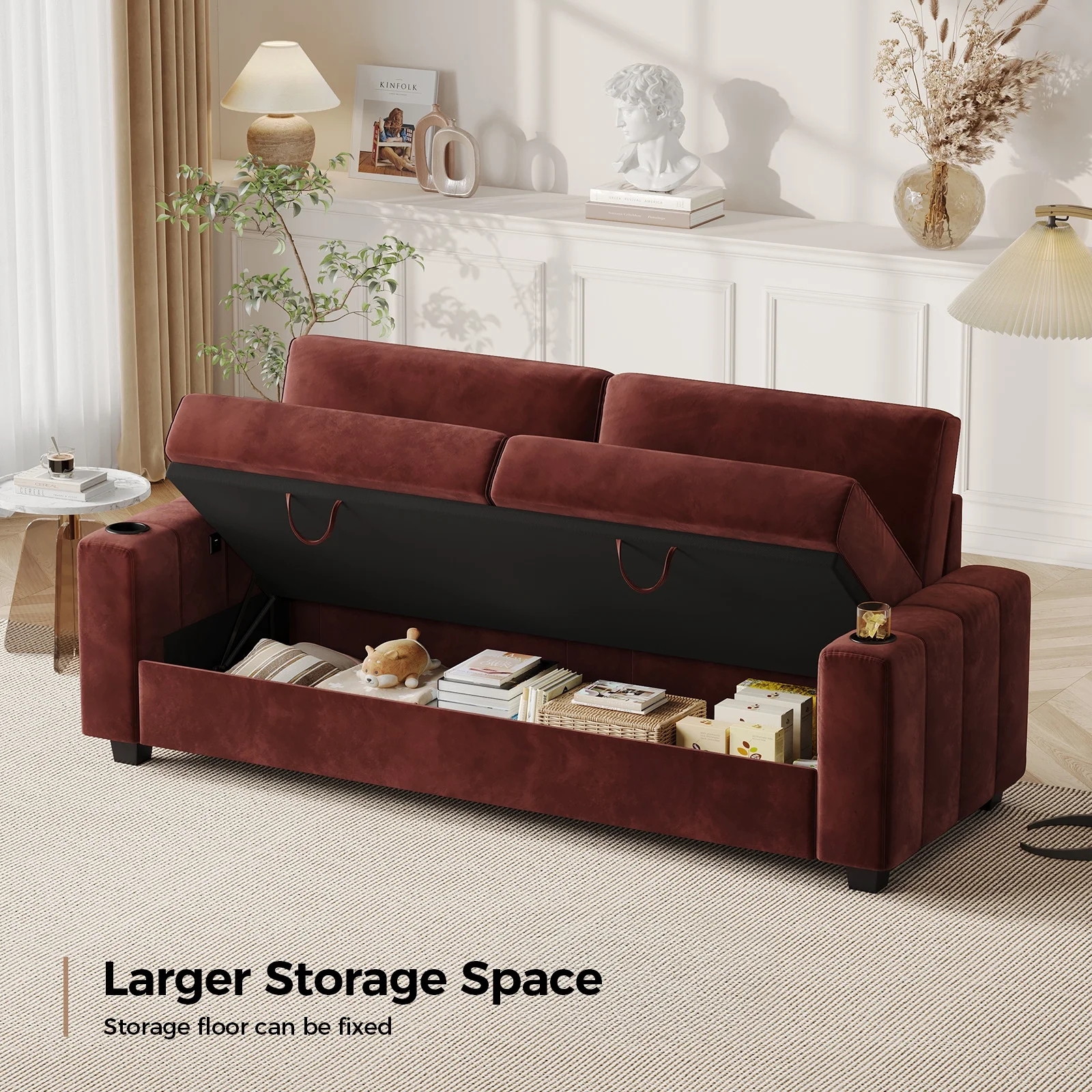 87-Large Loveseat Sofa, 3 Seater Couch with Storage, Velvet Fabric Deep Seat Sofa with Pillow& Cup Holders, Modern Comfy Sofa with USB& Type-C Ports, Home Sofa Couch for Living Room Bedroom