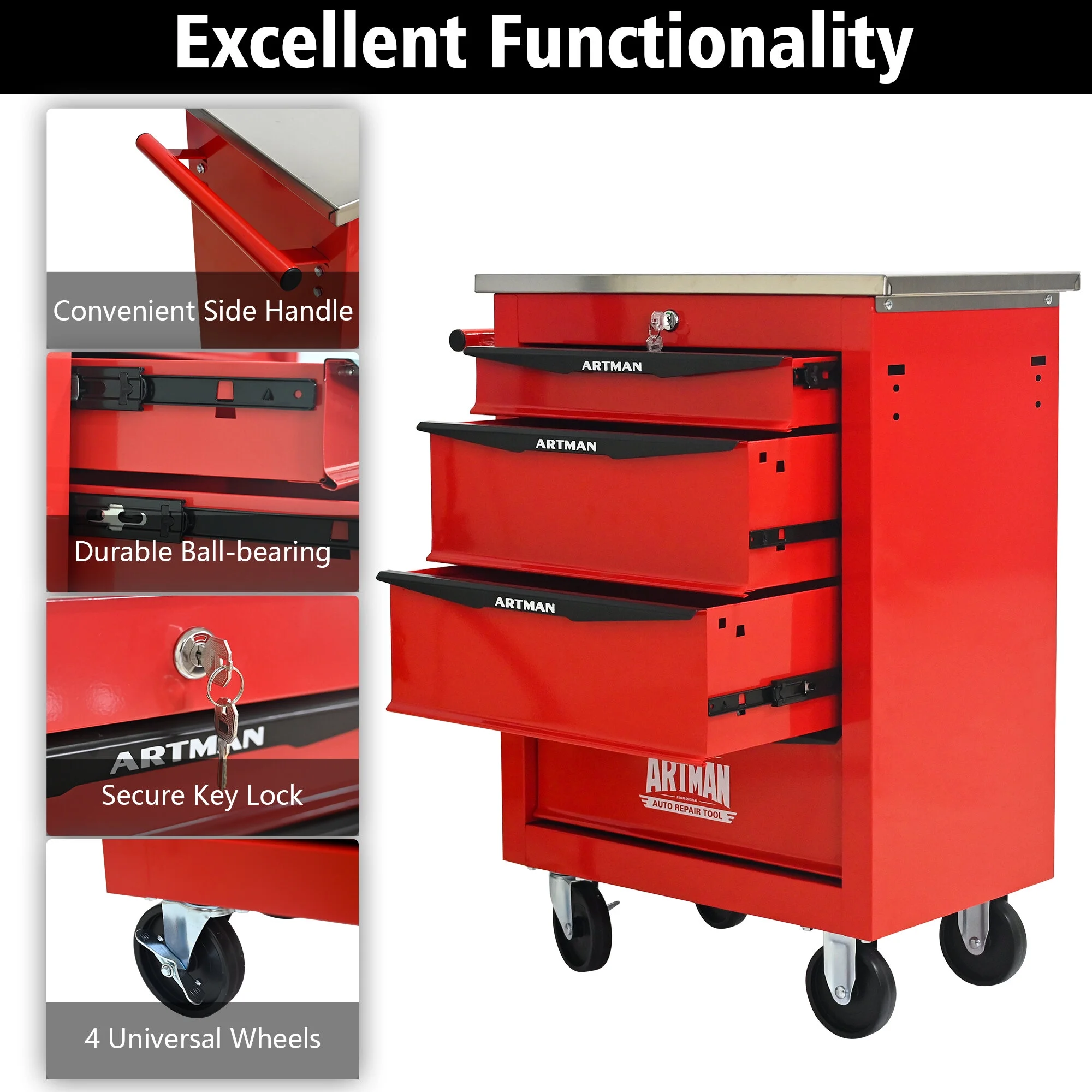 Tool Cabinets 4 Drawers Multifunctional Tool Cart with Wheels,Metal Rolling Tool Cart Storage for Garage Workshop Warehouse Repair Shop--With Stainless Steel Roof- Red&Black,Garage Tool Cabinets