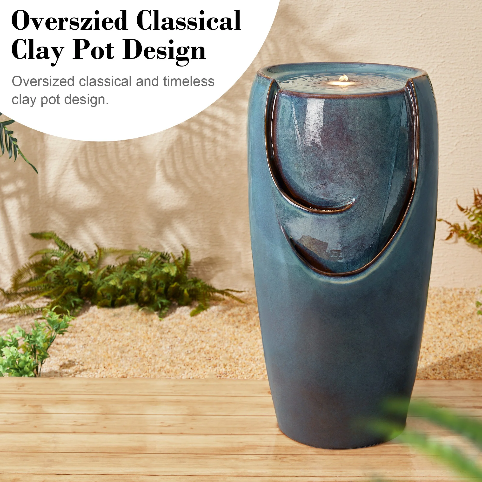 Glitzhome 29" Tall Ceramic Vase Water Fountain Red with Pump and LED Light for Yard Garden Patio