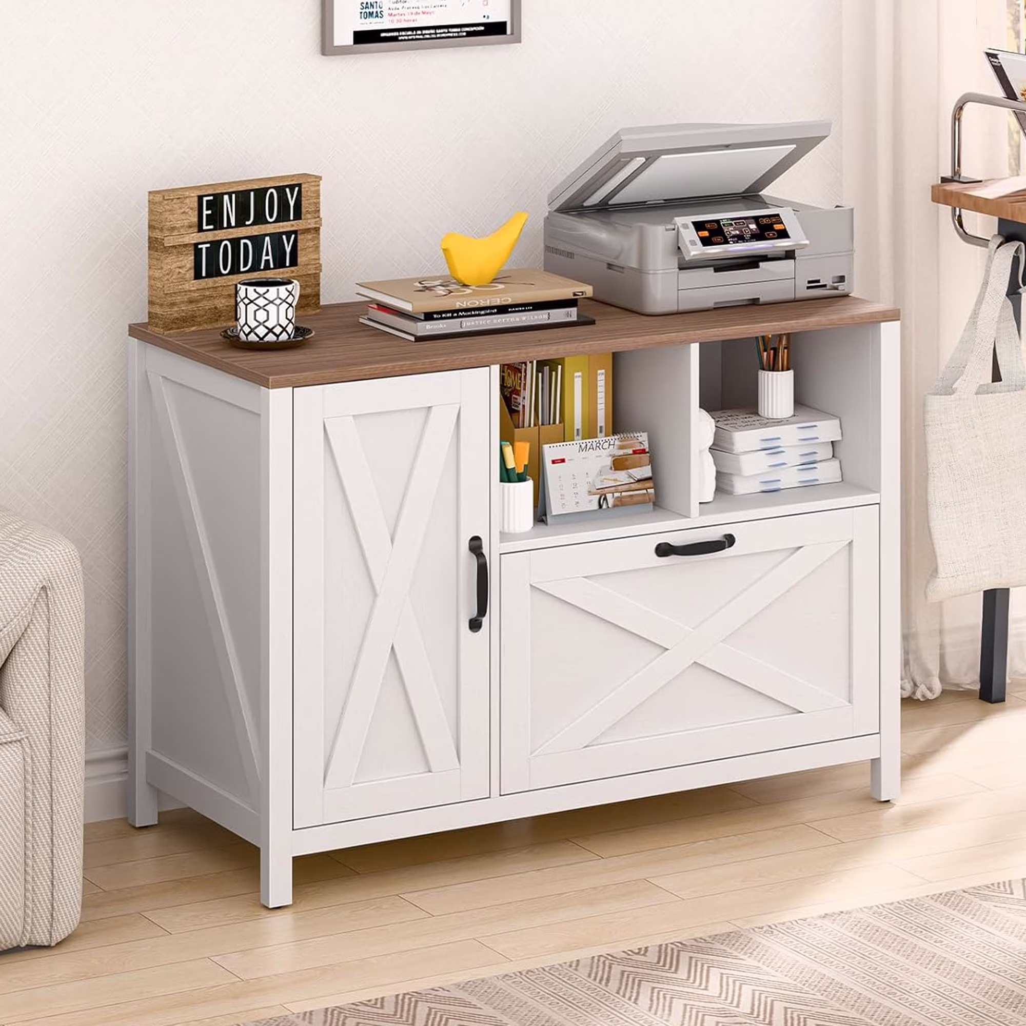 Vabches 2 Drawer Lateral File Cabinet,Mobile Wood office Cabinet for Home Office,Printer Stand with Open Storage Shelves.