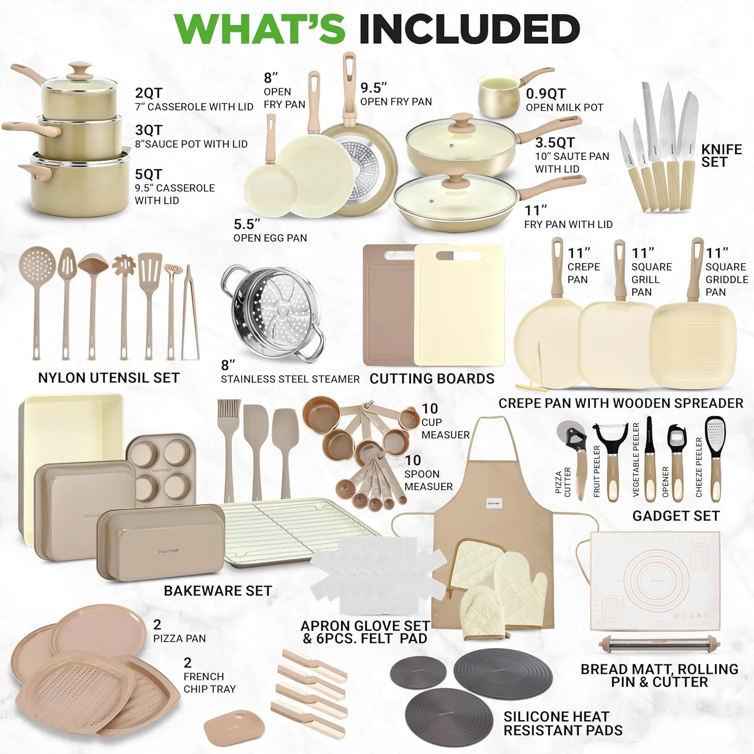 54-Piece Kitchen Cookware Set -C Complete Non-Stick Ceramic Pots and Pans Set with Utensils, Bakeware, and Knife Set, Gas, Electric & Induction Compatible, Blush Pink Kitchen Essentials