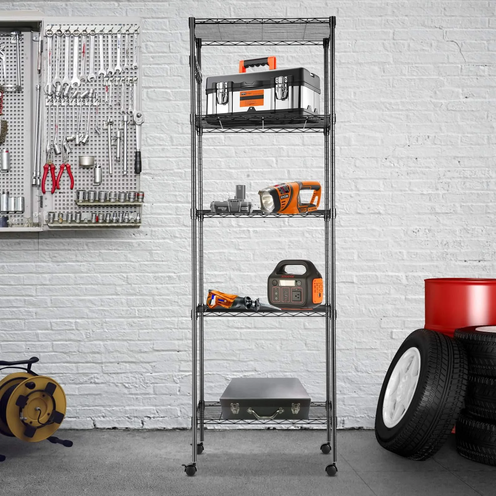 5-Tier 600 lbs Carrying Capacity Wire Shelf 72" Steel Shelf Tier Height Adjustable Metal Racks with 4 Wheels & 4 Hooks for Garage Kitchen Storage Organizer Shelving Unit