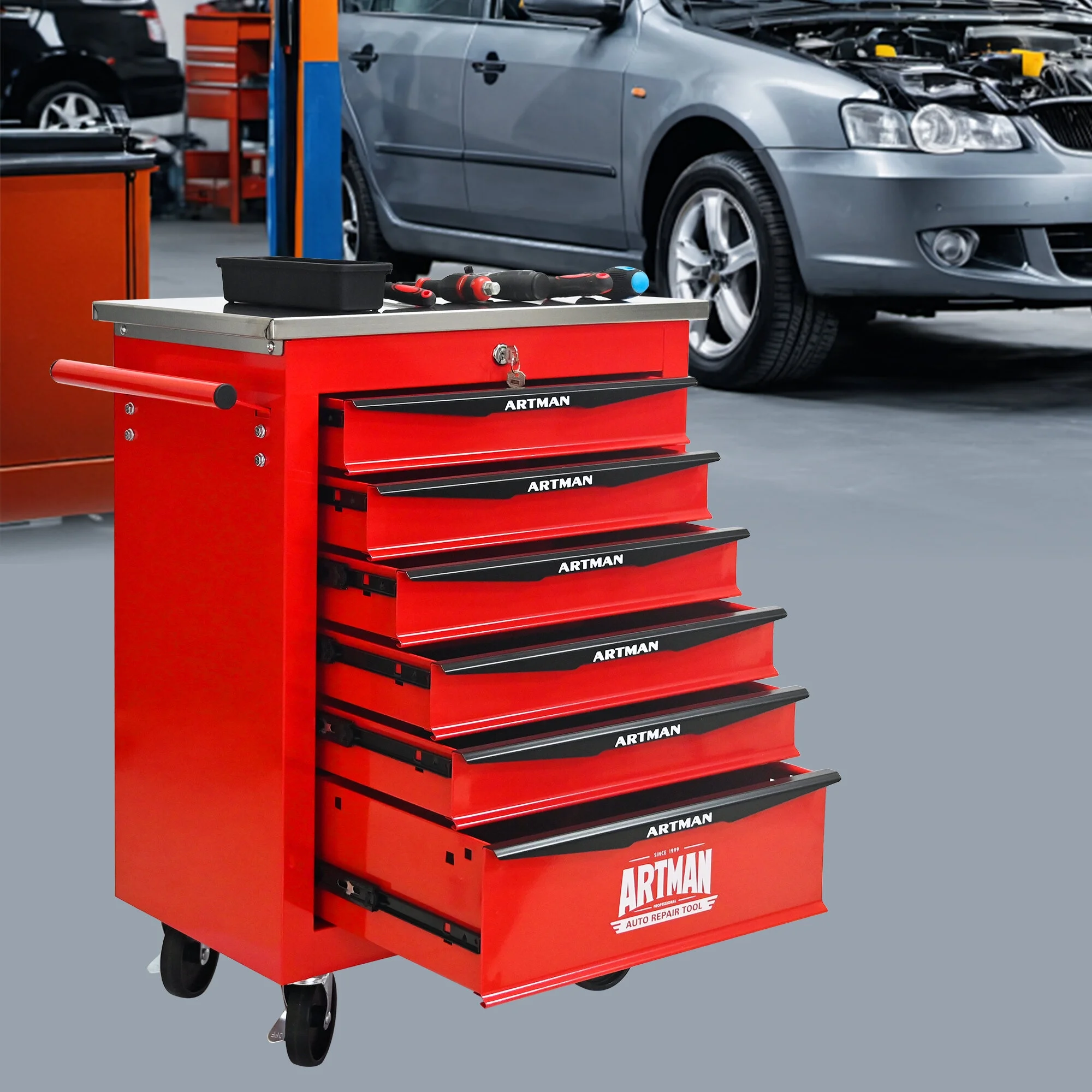 Tool Cabinets 4 Drawers Multifunctional Tool Cart with Wheels,Metal Rolling Tool Cart Storage for Garage Workshop Warehouse Repair Shop--With Stainless Steel Roof- Red&Black,Garage Tool Cabinets
