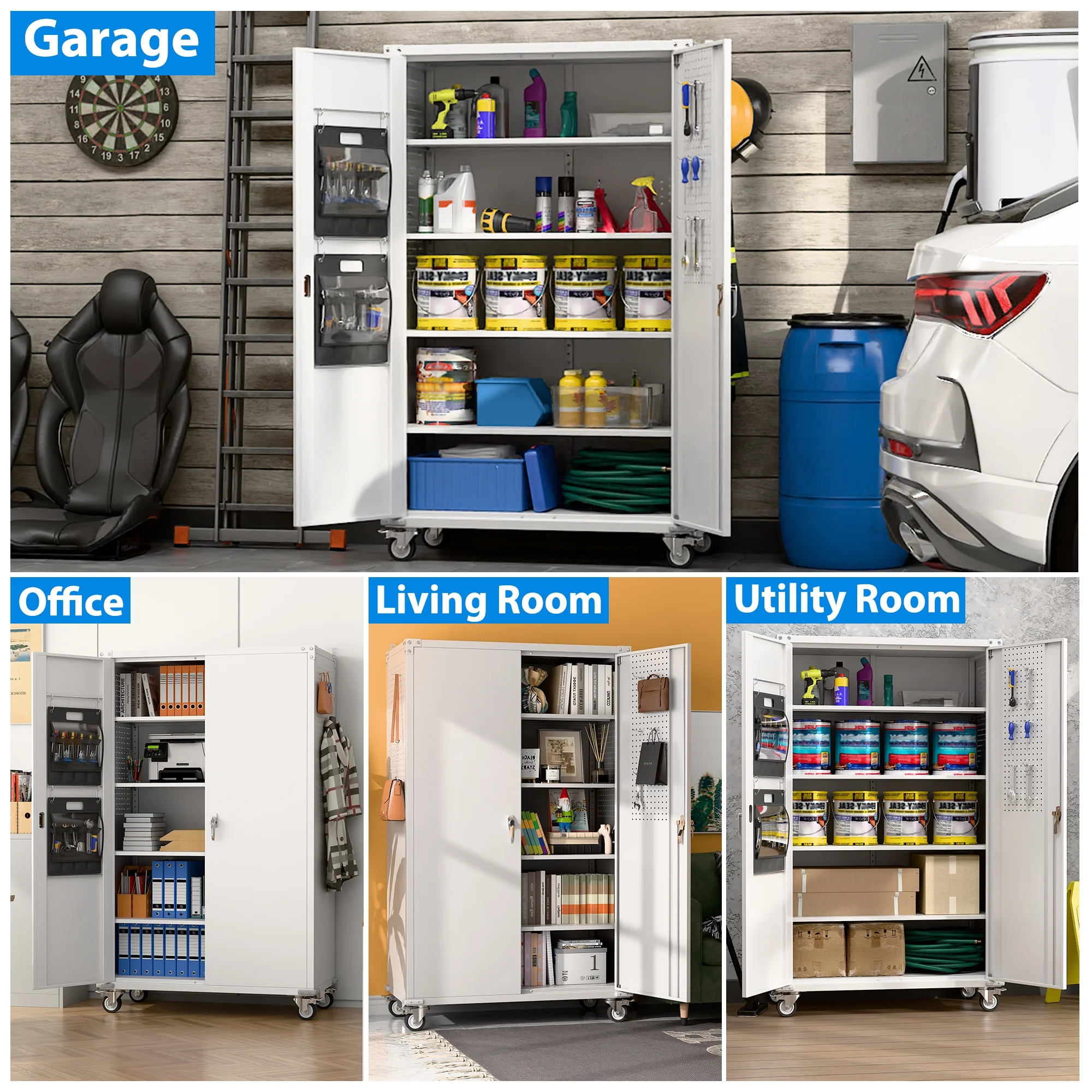 GangMei 71-Inch Metal Lockable Storage Cabinet with Pegboards and 5 adjustable shelves, White, Assembly Required