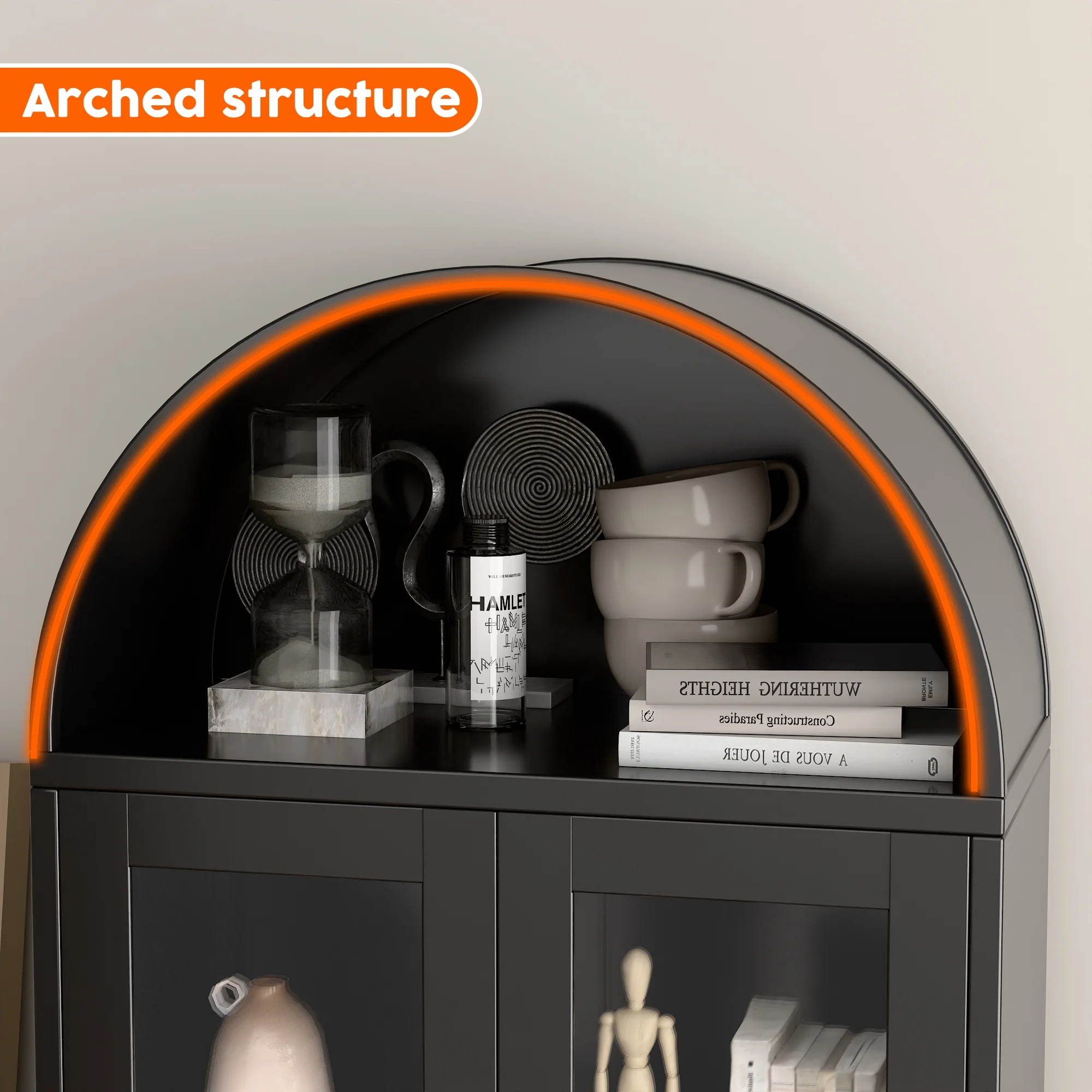 SUXXAN Metal Arched Storage Display Lockable Cabinets with Glass Doors and Adjustable Shelves, Assembly Required, Black