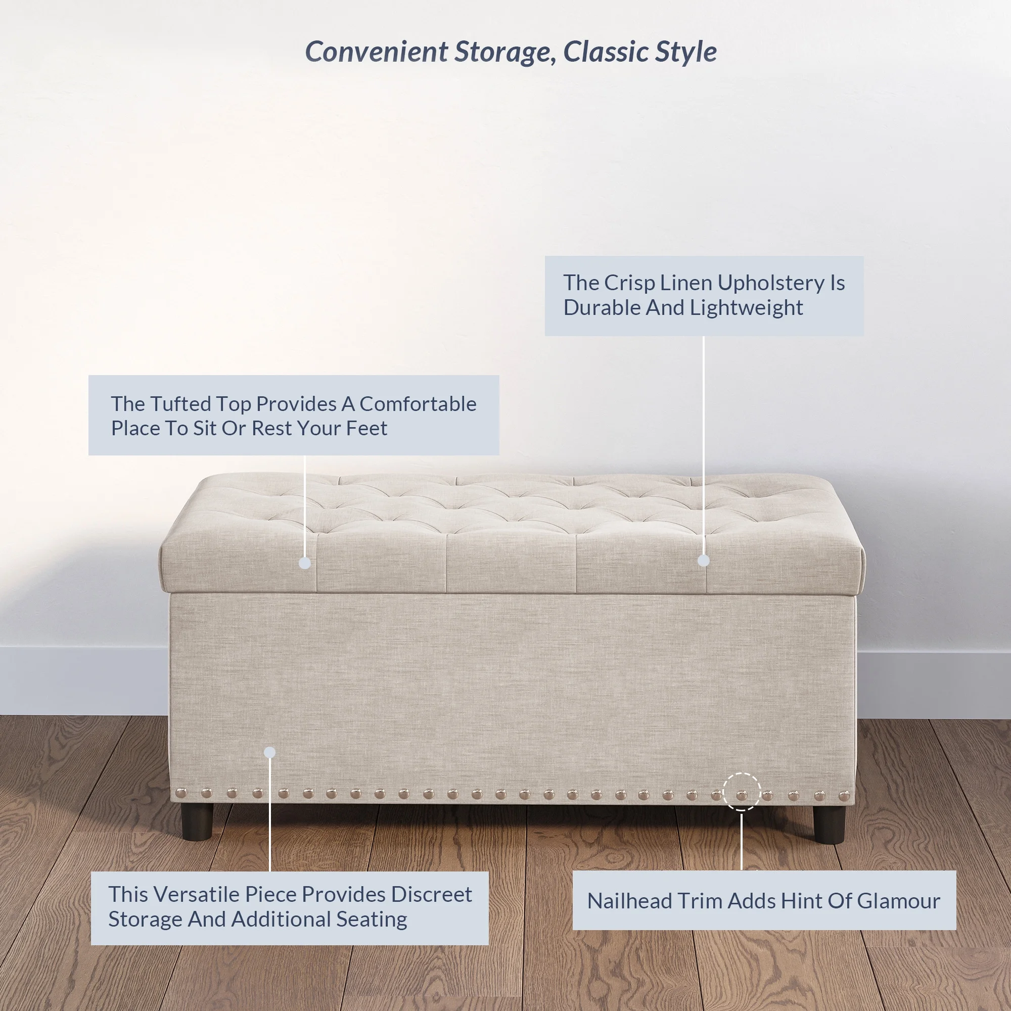 BELLEZE 35 Inch Storage Ottoman, Button-Tufted Ottoman Linen Storage Bench with Safety Close Hinge, Ottoman with Storage for Living Room, Entryway, Hallway, Foot Rest, Support 300lbs - Dark Grey