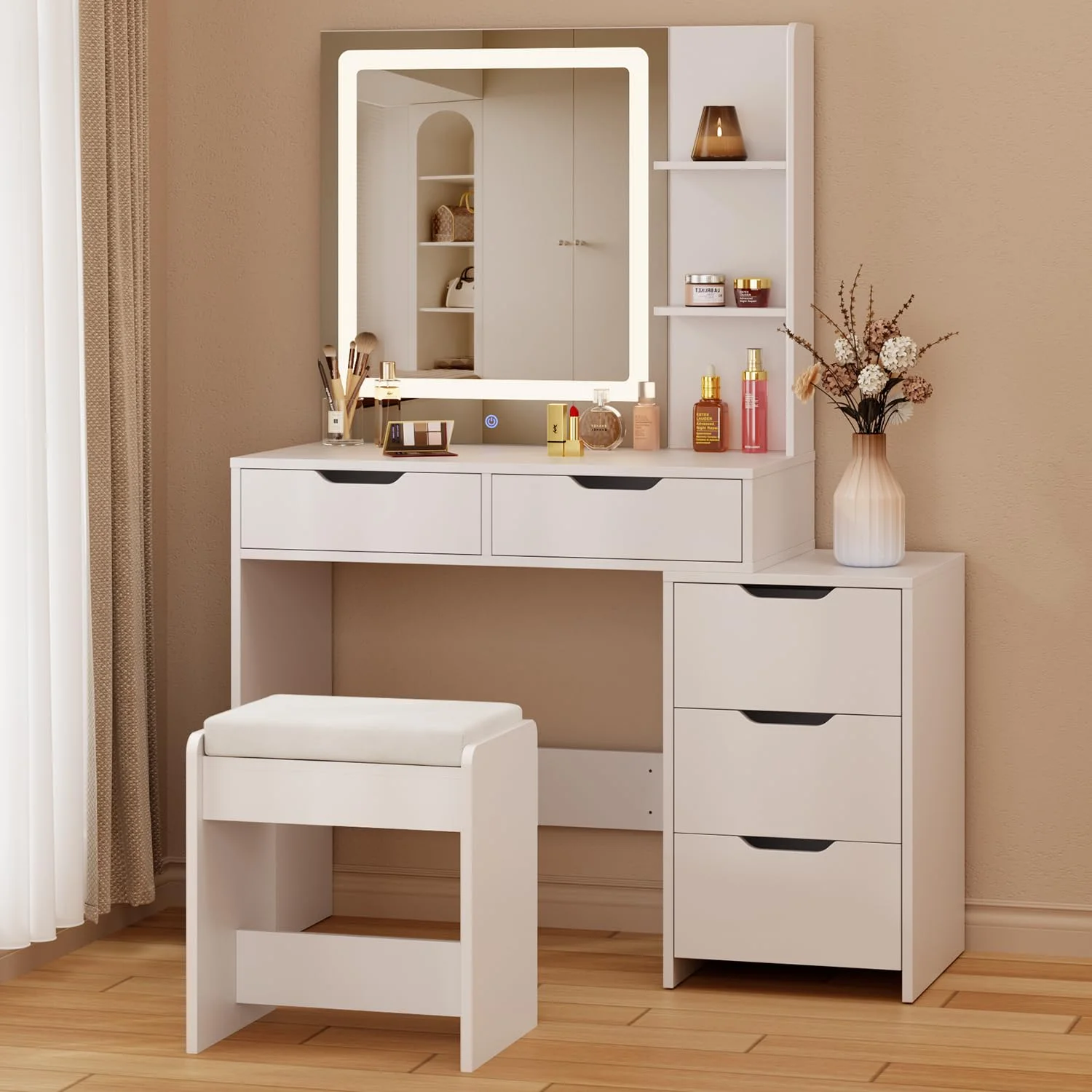 Bedroom Furniture Set - Includes Queen Bed Frame, Nightstands Set of 2, 5-Drawer Dresser & Vanity Desk - Modern Storage Solution for Stylish Home Decor, Beige/White