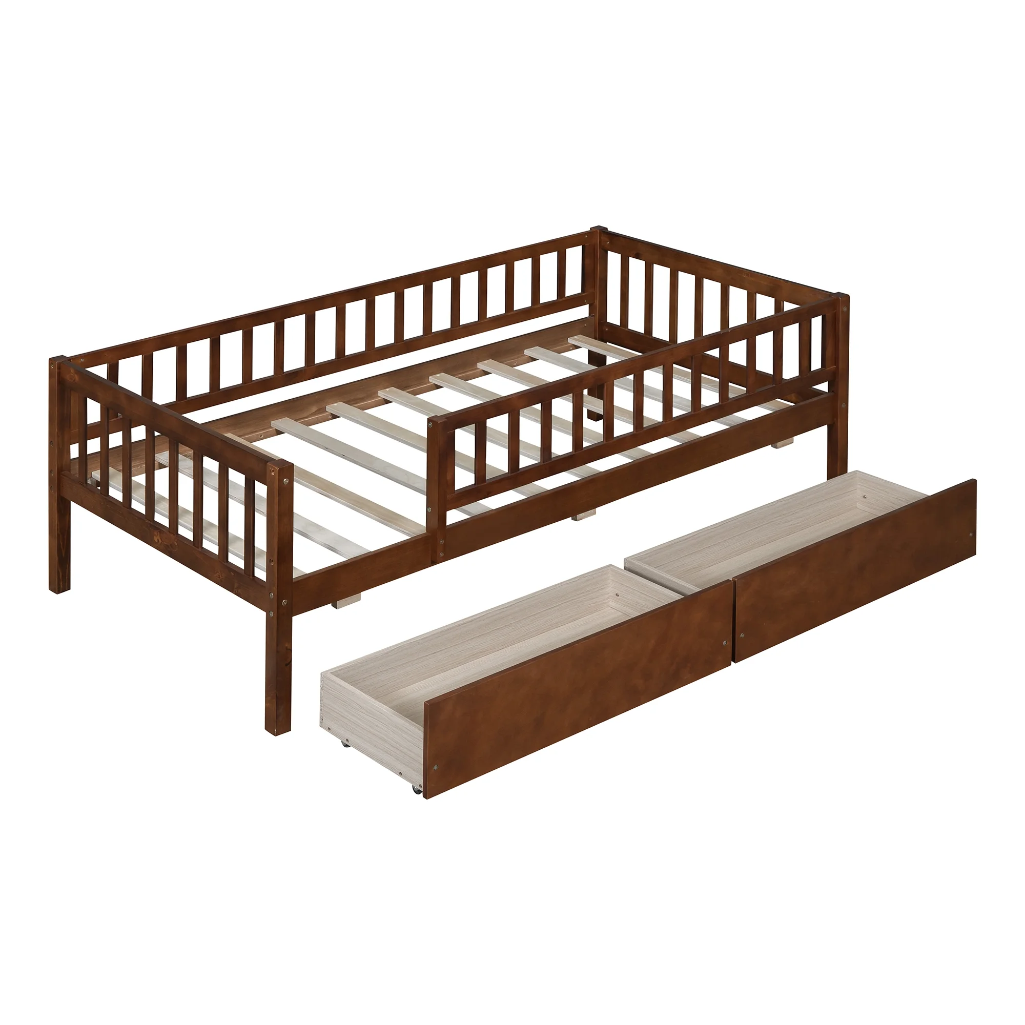 Holaki Twin Size Wood Bed with Guardrails and 2 Storage Drawers for Kids, Gray