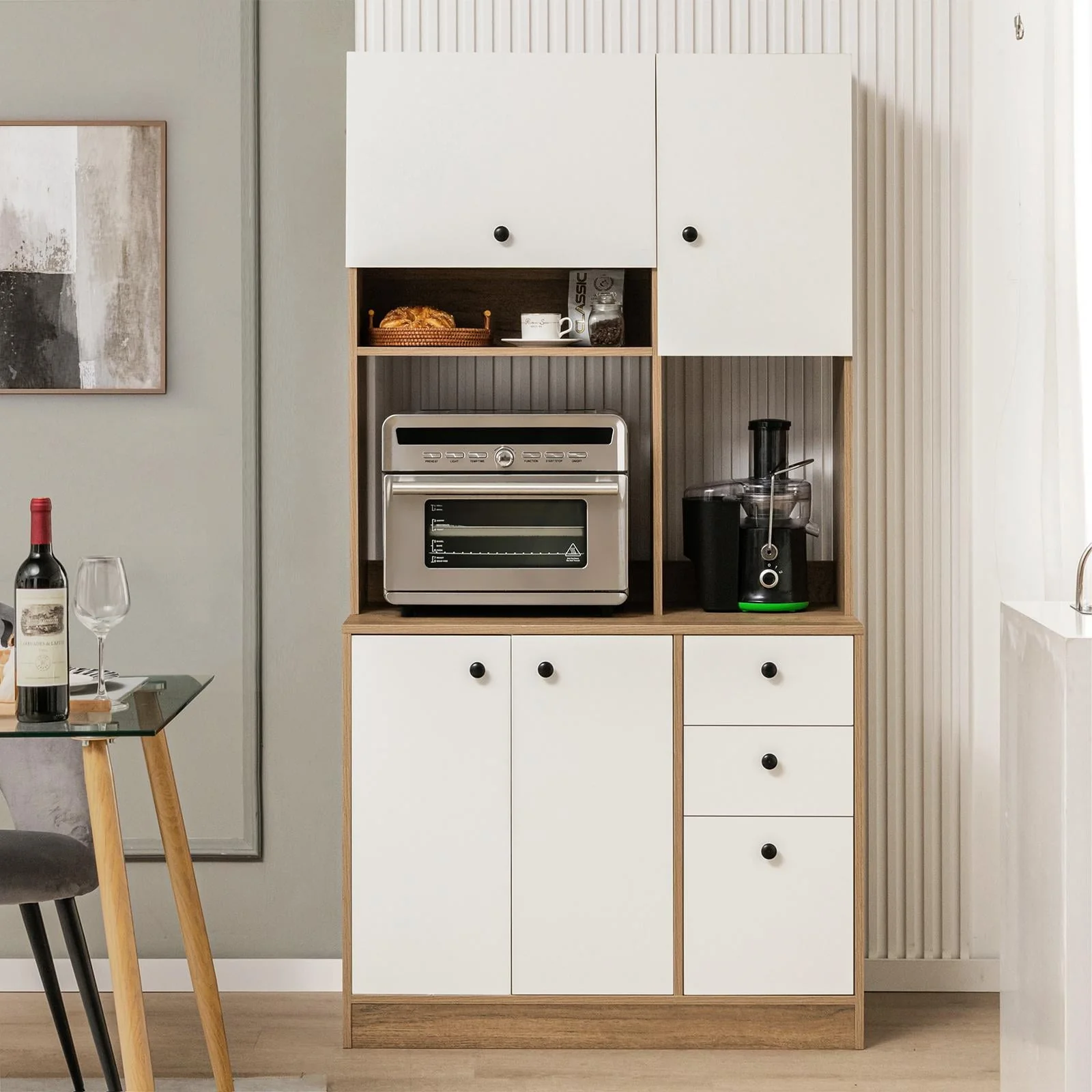 Giantex Microwave Stand Cabinet, Freestanding Kitchen Storage Pantry, Natural