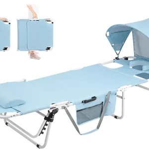 Tanning Chair with Sun Canopy Face Hole, Heavy Duty Folding Chaise Lounge Chair 5 Position Reclining for Adults Outside Reading Sunbathing Poolside Camping Beach, UPF 50+ Sun Shade, 300 LBS