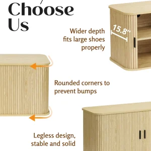 Putuo Decor Fluted Entryway Shoe Storage Bench with Adjustable Shelf, Shoe Rack Bench with Sliding Tambour Door for Living Room, Bedroom, Hallway, Walnut