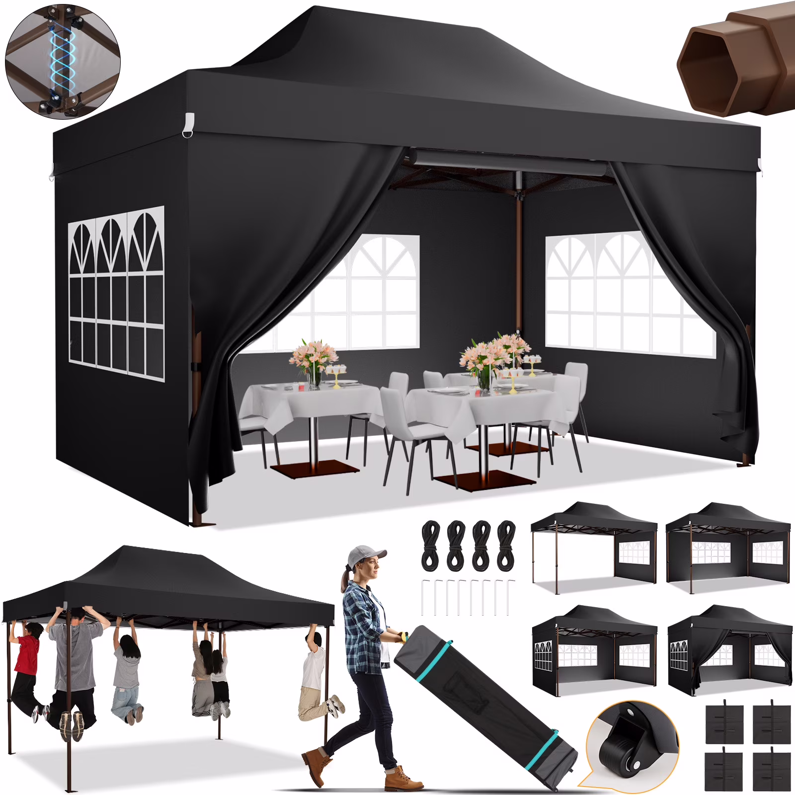 COBIZI 10x15 Pop Up Canopy Tent Heavy Duty with Sidewall, Commercial Outdoor Easy Pop Up Gazebo for Party Wedding All Weather Waterproof UV 50+ with Roller Bag(Leg Upgraded),Black