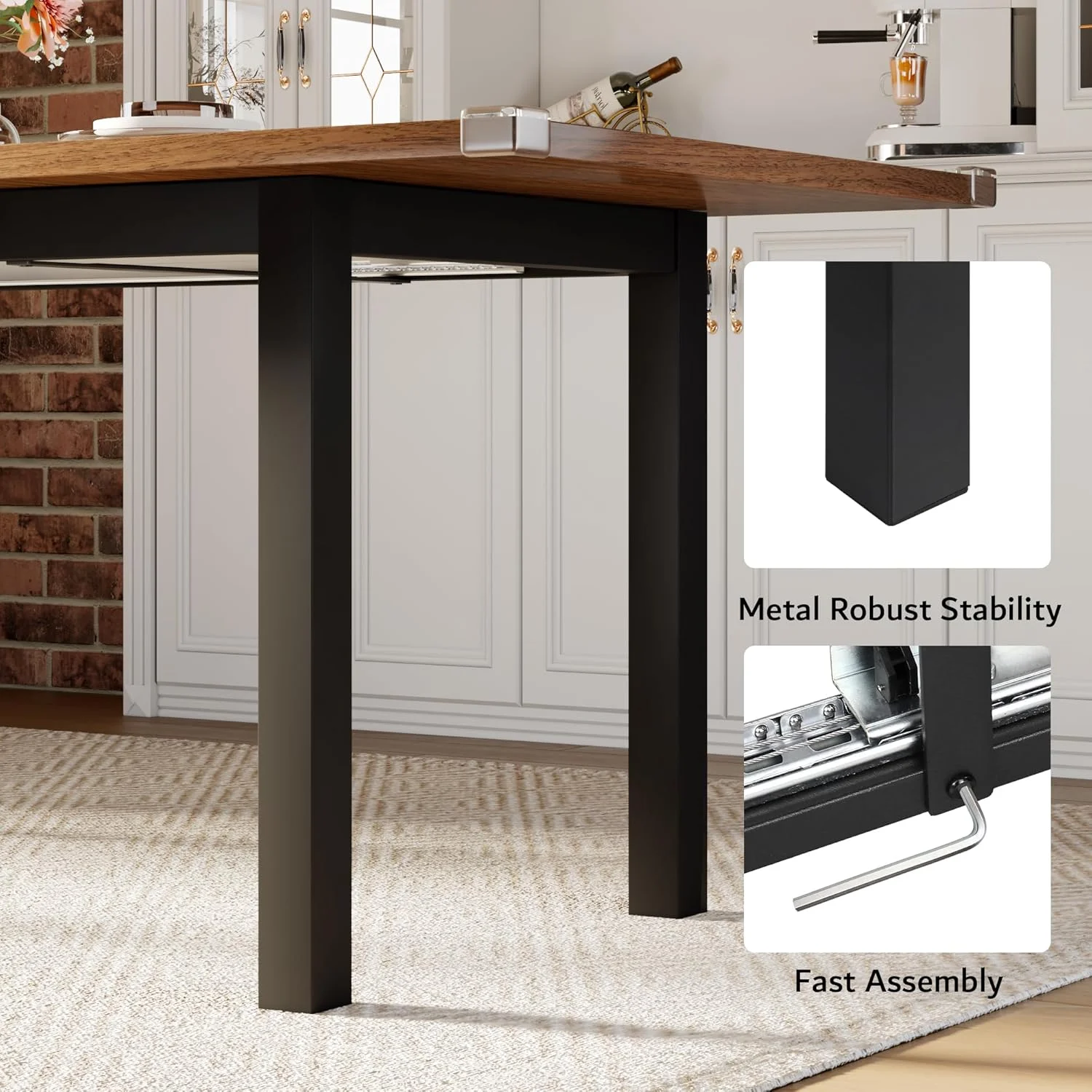 iPormis 63" Extendable Dining Table for 4-8, Square Wooden Dining Room Table with Metal Base, Modern Extendable Table for Small Kitchens, Dining Office Areas, Black