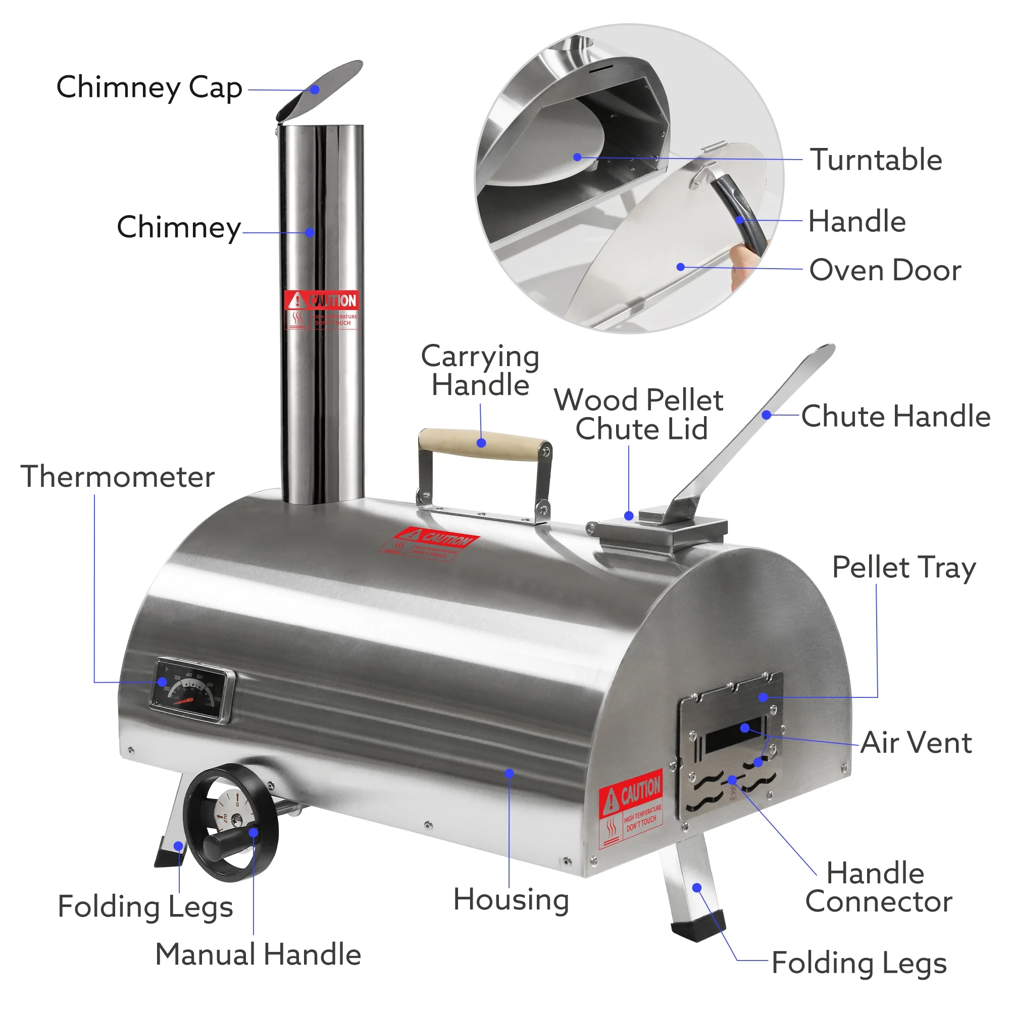 BBQ Utensils Silver Pizza Oven Outdoor 12" Semi-Automatic Rotatable Pizza Ovens Portable Stainless Steel Wood Fired Pizza Oven Pizza Maker with Built-in Thermometer Pizza Cutter Carry Bag,Outdoor Gri