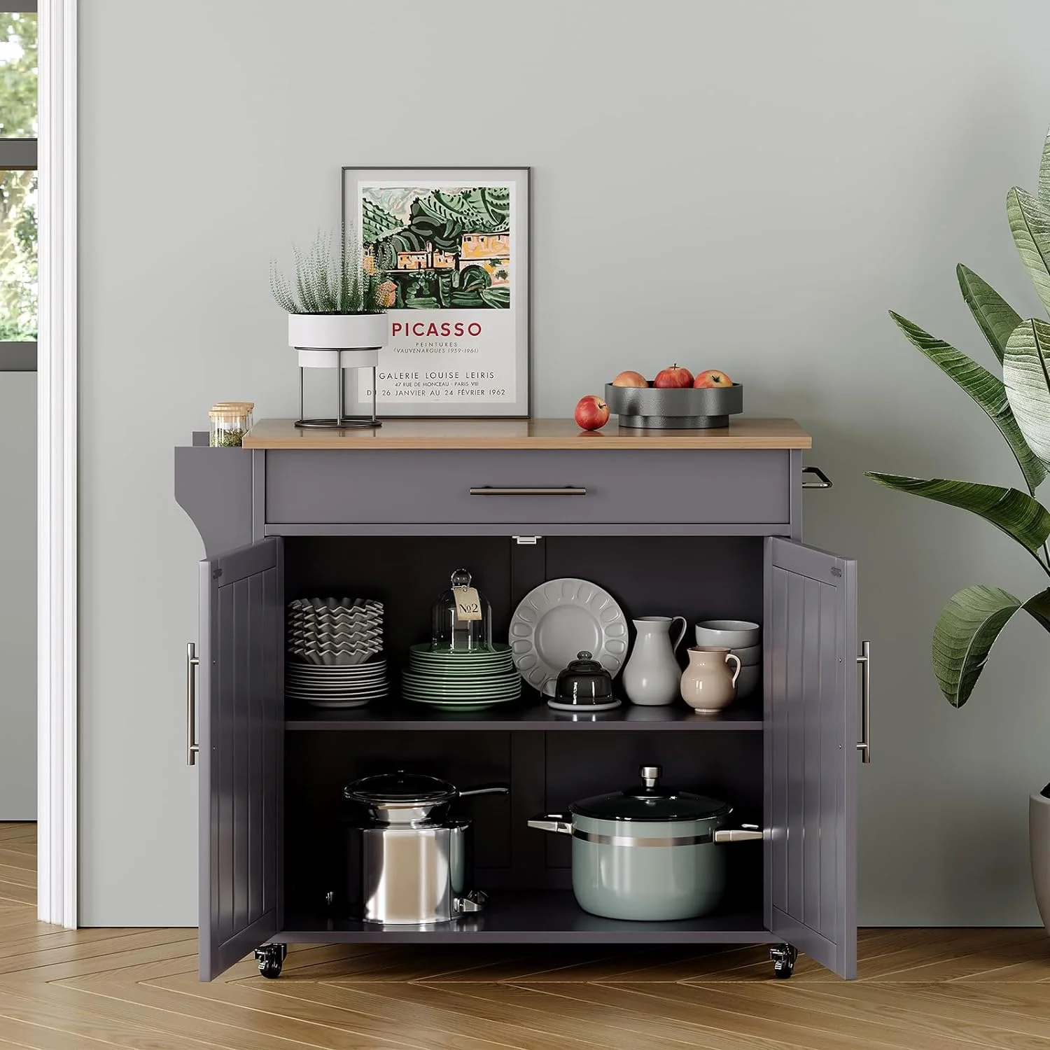Soscana Kitchen Island Storage,Rolling Kitchen Island with Wheels,Kitchen Cart with Storage Rack & Drawer,Solid Wood Countertop,Kitchen Kitchenware Storage Rack Operation Console,White