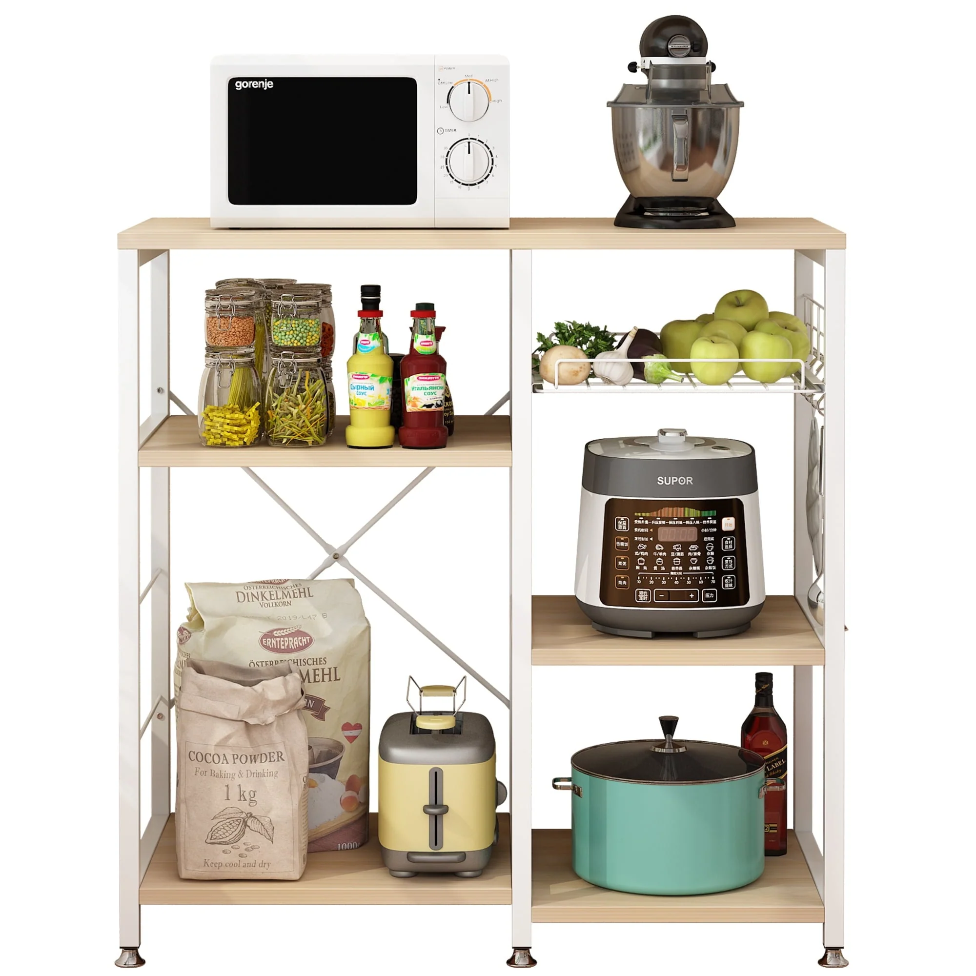 Winado 5 Tiers Vintage Kitchen Baker's Rack Microwave Oven Stand with Kitchen Storage Shelf Rack Hooks, White Oak and Metal Frame