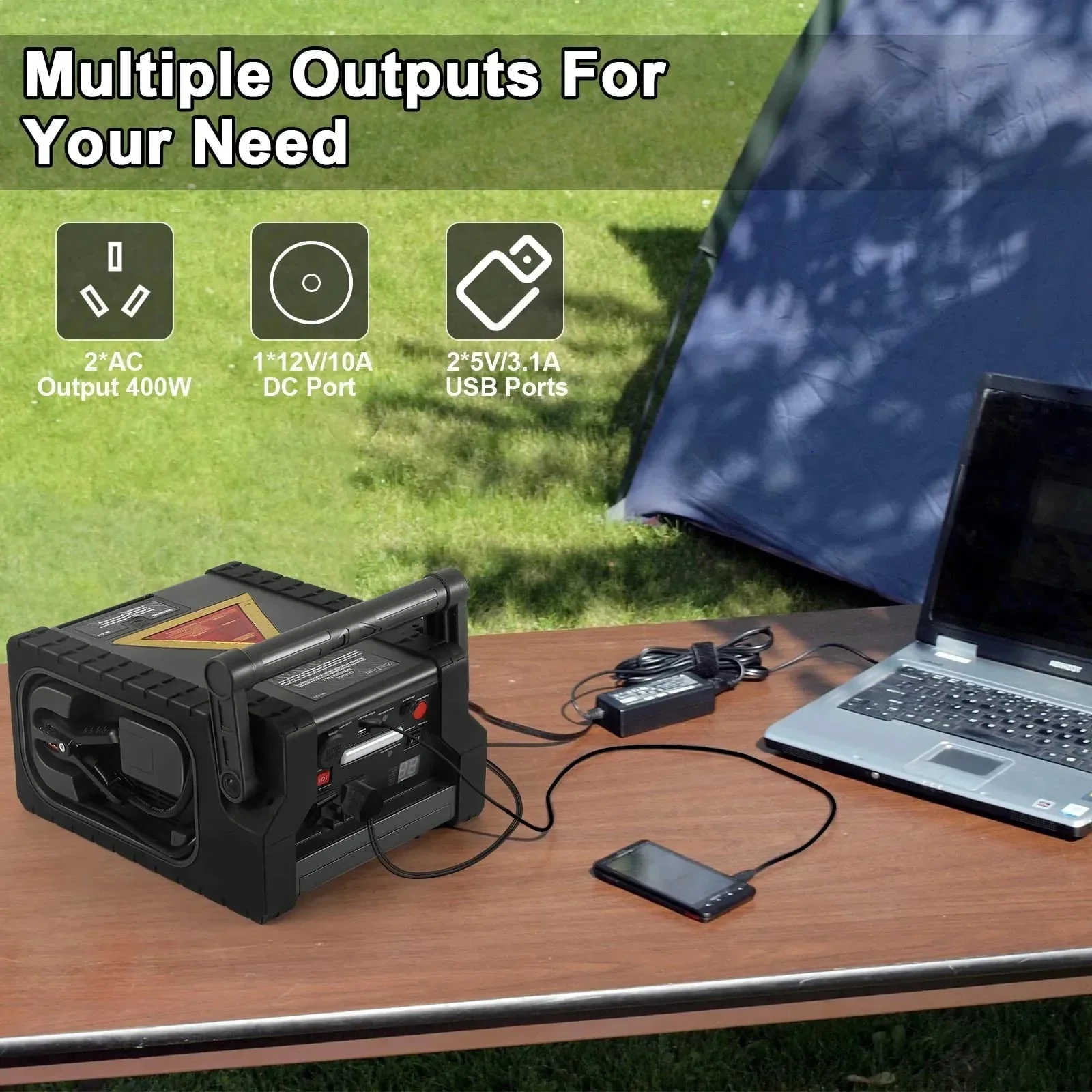 ZD-529 Solar Portable Power Station 2000 Amps Jump Starter, 260 PSI Air Compressor, 12V Car Battery Charger with 400W Inverter Dual AC/DC/USB Output, Emergency Backup Power with Flashlights