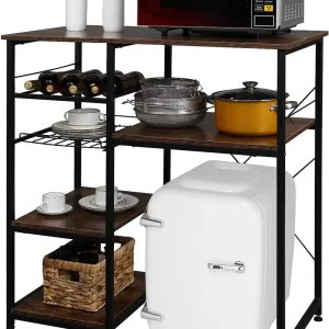 Microwave Stand 4-Tiers Kitchen Storage Fit Mini Fridge Baker¡¯s Rack Shelving Utility Coffee Bar with Big Drawer Wine Rack Metal Frame Industrial Workstation Organizer Kitchen Decor