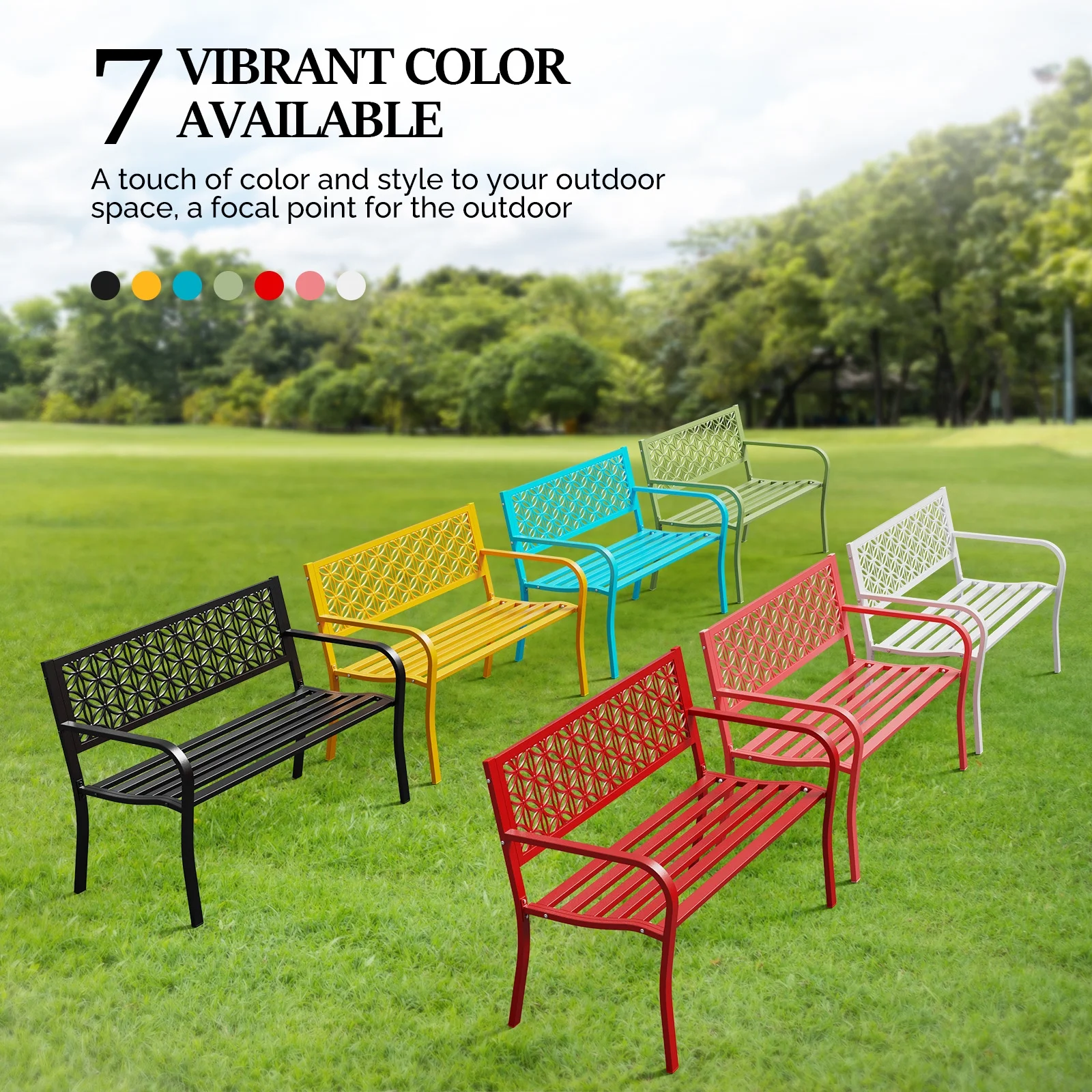Ktaxon Outdoor Bench, Mental Bench with Floral Back, 2-Person Garden Bench for Outside Yard Patio Entryway Park Porch, 800LBS, White