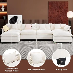 Ihanherry 146" U-Shaped Modern Sofa Modular Sectional Cloud Couch with 2 Ottoman, 6-Seat Chenille Deep Seat Sofa with 6 Pillows for Living Room, Bedroom and Apartment, Grey