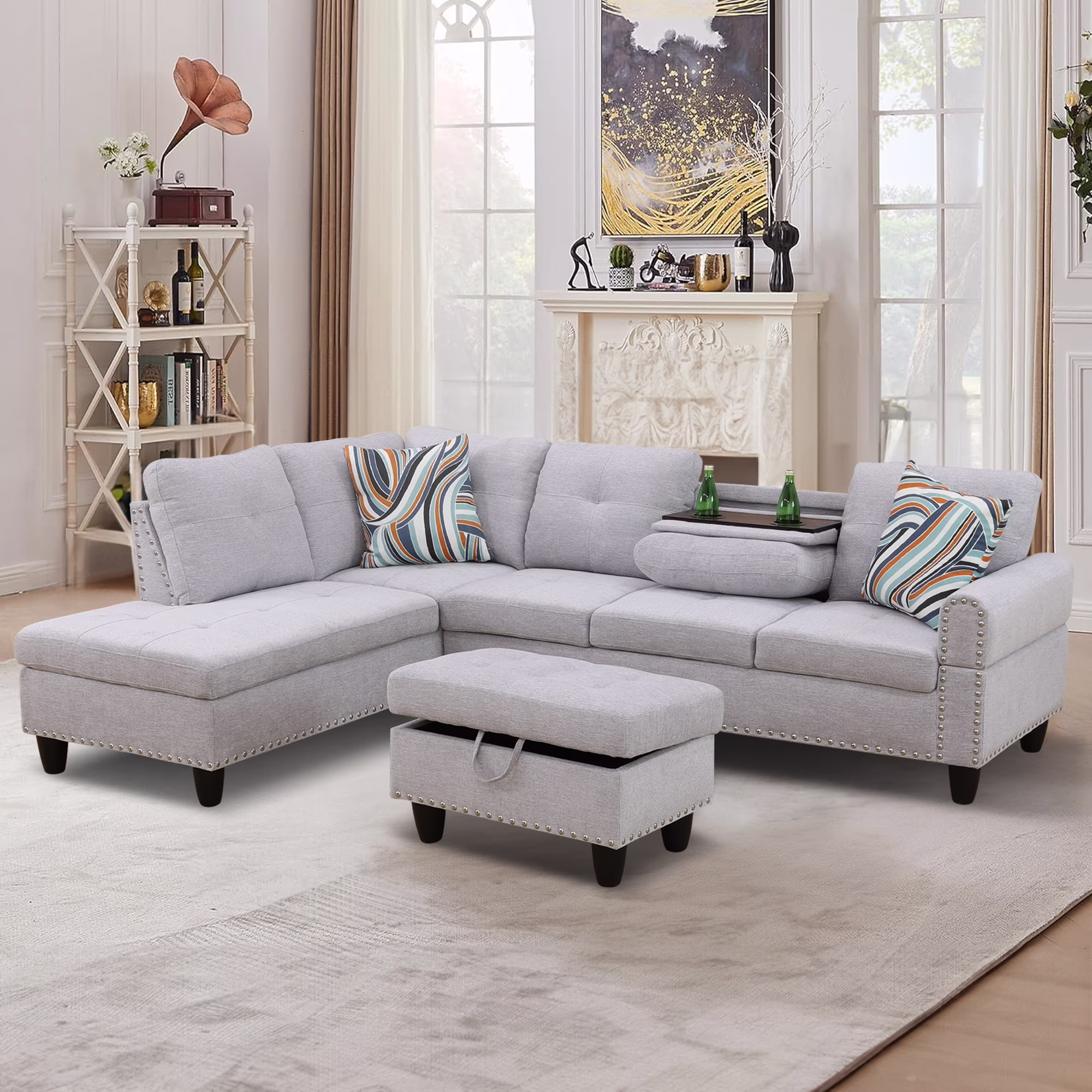 Aukfa 3 Piece Sectional Sofa, Living Room Couch with Storage Ottoman&Cup Holder, Linen, Right Hand, Purple