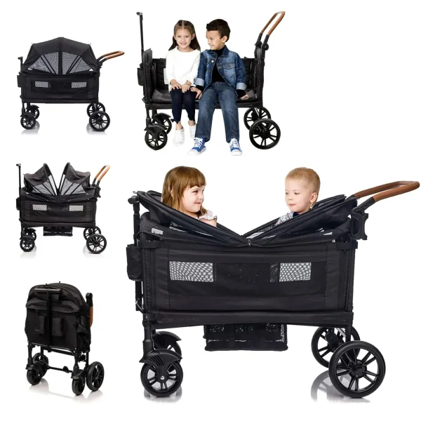 Wagon Stroller for 2 Kids & Cargo-Travel Stroller Push-Pull Double Wagon Lightweight Folding Stroller for Newborn&Toddler with 5-Point Harness,Adjustable Handle Bar and Canopy,Tray Table,Cup Holder