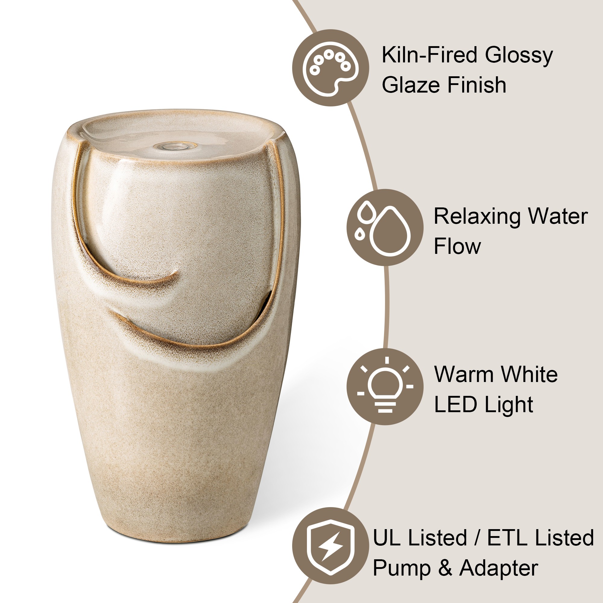 Glitzhome 21.25 Inch Tall Ceramic Vase Fountain Ceramic with Pump and LED Light Outdoor Fountain