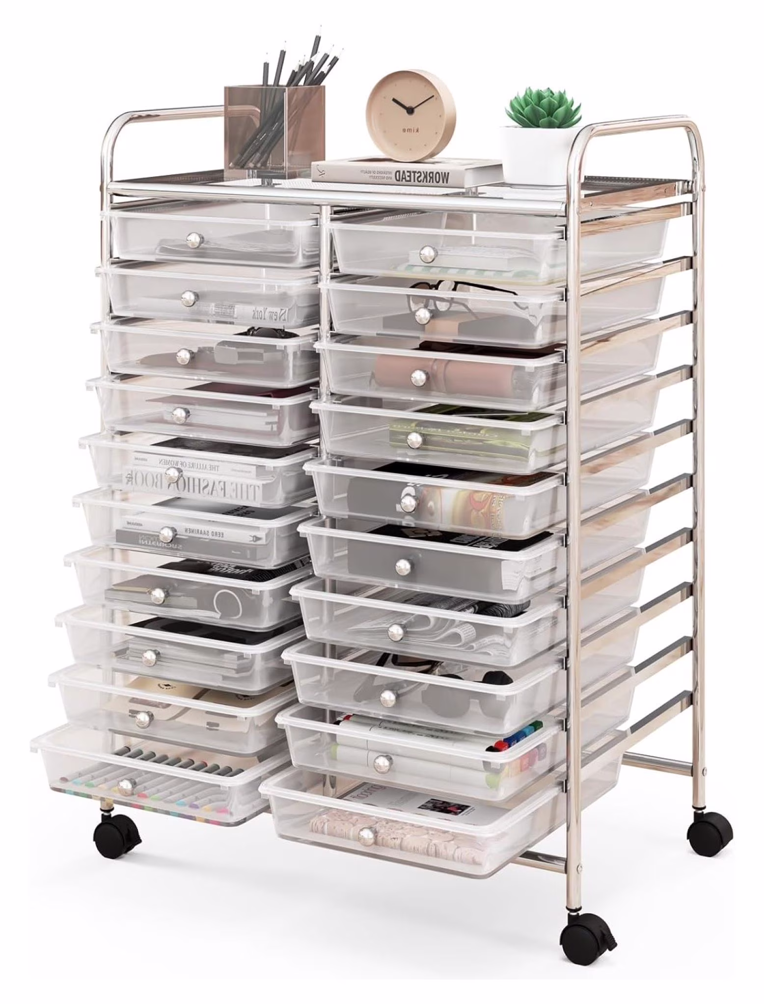 20 Drawers Storage Cart w/Rolling Wheels, Semi-Transparent Mobile Rolling Drawer Cart for School Classroom Office Home Salon, Files Scrapbook Craft Organizer, Utility Cart on Wheels (Clear)