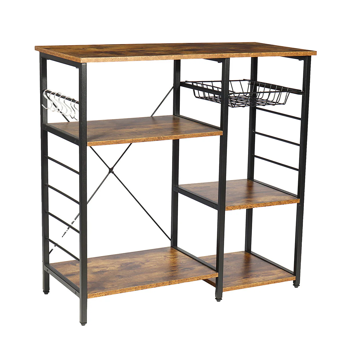 Dinaza Kitchen Bakers Rack Coffee Bar Microwave Oven Stand with Wire Basket & 6 Side Hooks Kitchen Organizer Shelf for Spices Utensils Foods Rustic Brown