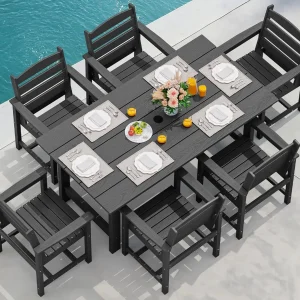 SERWALL 7-Piece Patio Table Set, Outdoor HDPE Dining Furniture with Umbrella Hole, All Weather Table and Chairs for Lawn, Garden, Poolside, Aruba