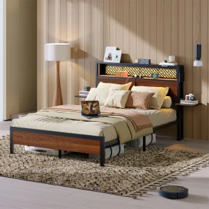 Bestier Queen Size Platform Bed Frame with Wood Foldable Bedside Shelves and LED Storage Headboard Charge Station, Gray