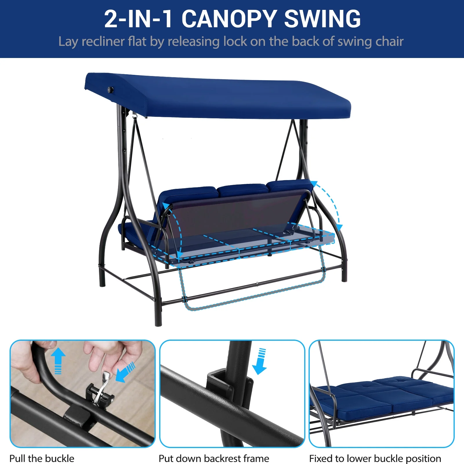 Pirecart 3 Person Patio Porch Swing Outdoor Converting Swing Glider Hammock with Adjustable Canopy, Cushions, Red