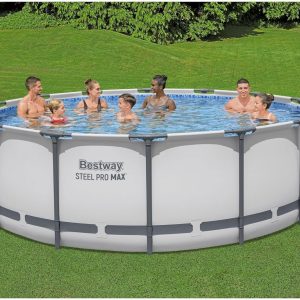 Steel Pro MAX 14 Foot x 48 Inch Round Metal Frame Above Ground Outdoor Swimming Pool Set with 1,000 Filter Pump, Ladder, and Cover, Gray