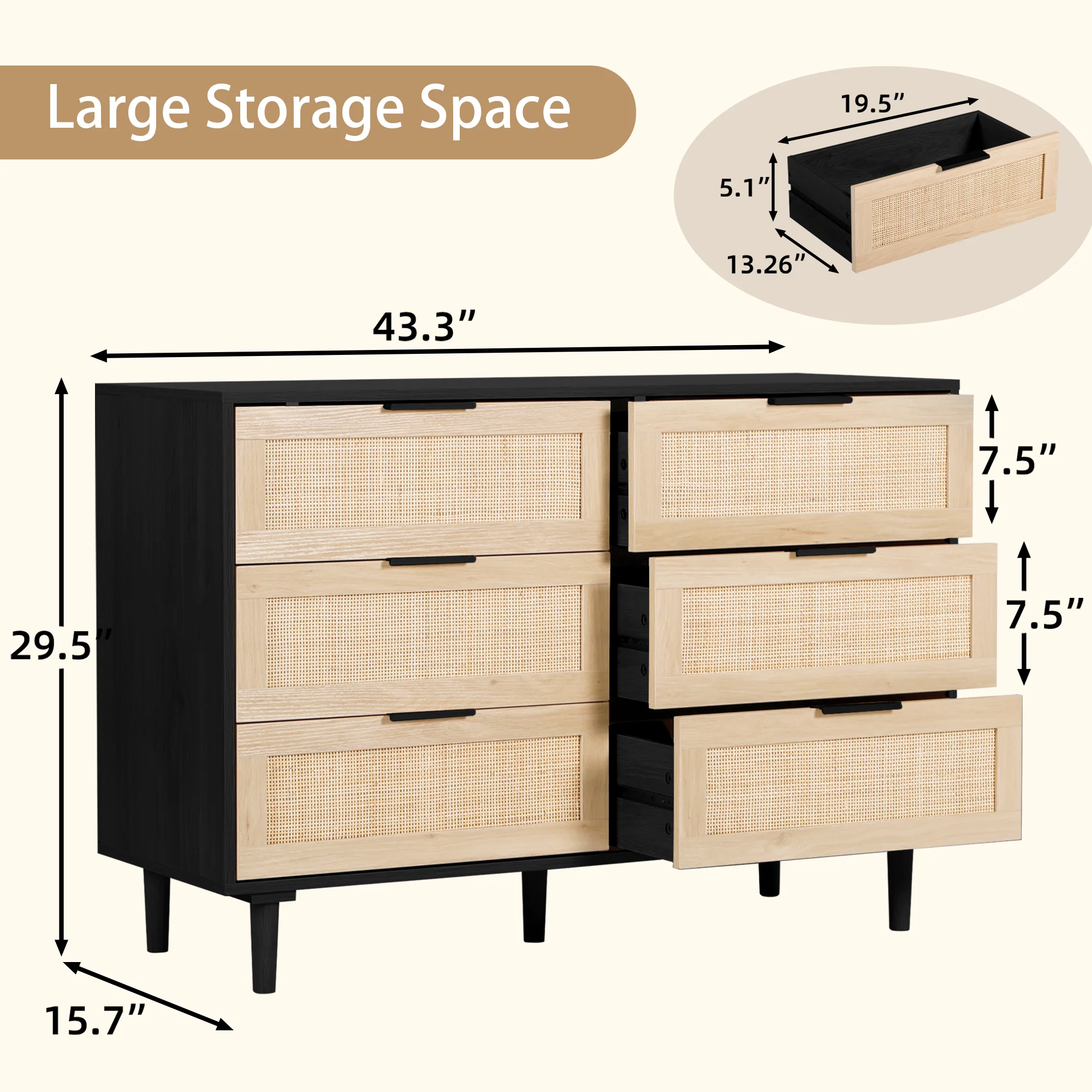 LAZZO 3 Modern Drawer Dresser Rattan, Wooden Dresser Chest of Large Storage Cabinet