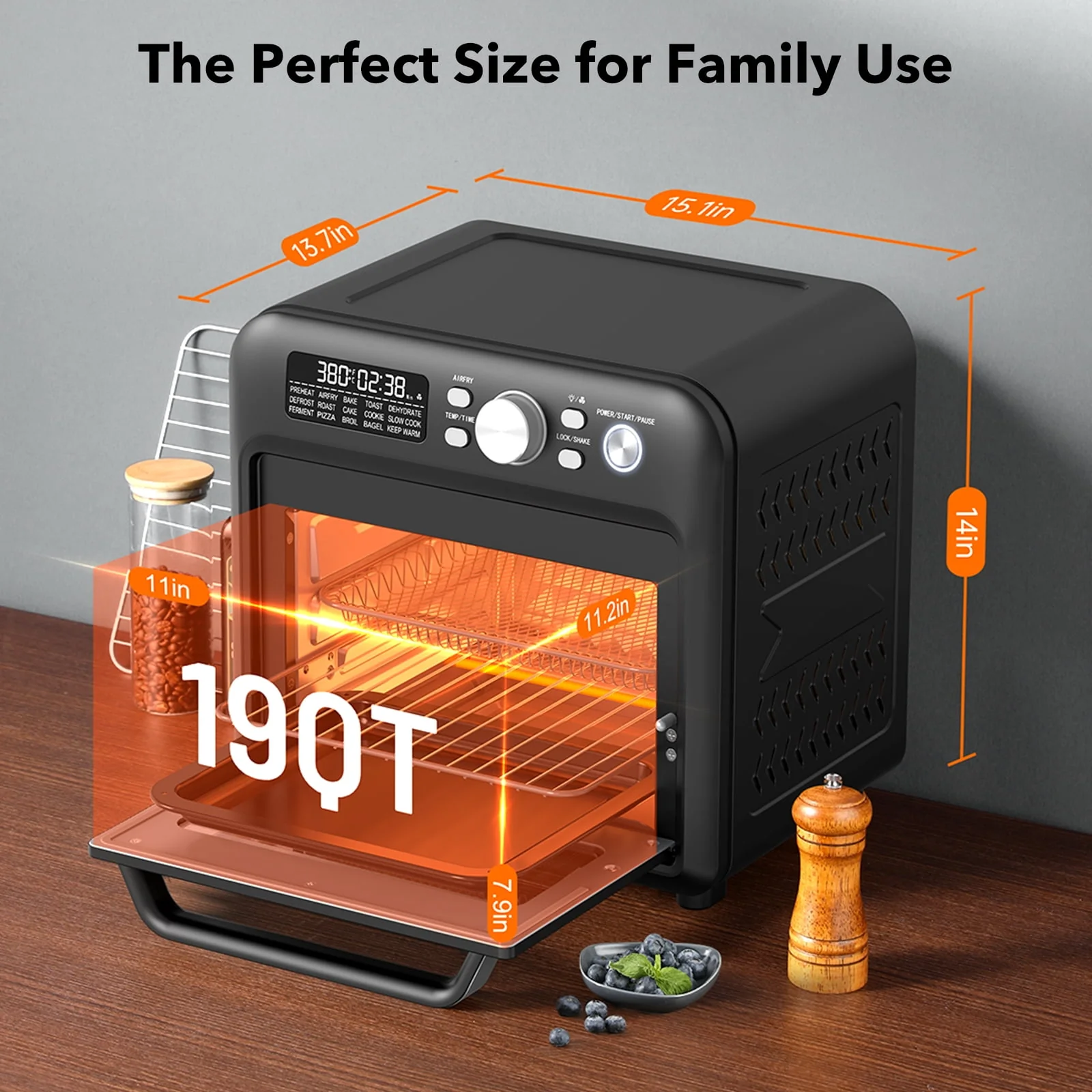 Air Fryer Oven, ParisRhone 15-in-1 19 QT Family-Sized Toaster Oven, Convection Oven with Child Lock, Fits 12-inch Pizza, 6-Slice Toast, Button & Knob-Controlled Kitchen Appliance, Dishwasher Safe
