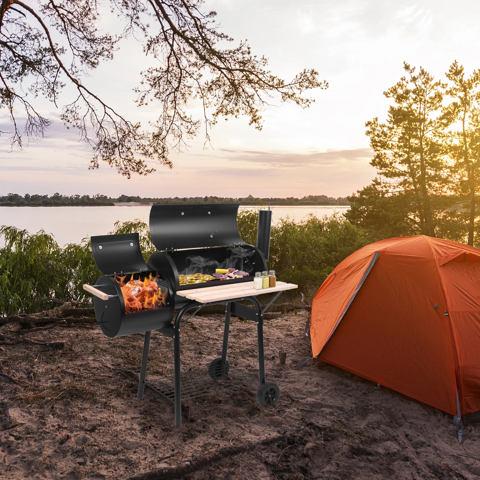 Clearance Charcoal Grill, Portable Oil Drum Charcoal Furnace with Stainless Steel BBQ Smoker, Wood Shelf, Thermometer, Wheels, for patio, Pool, Camping
