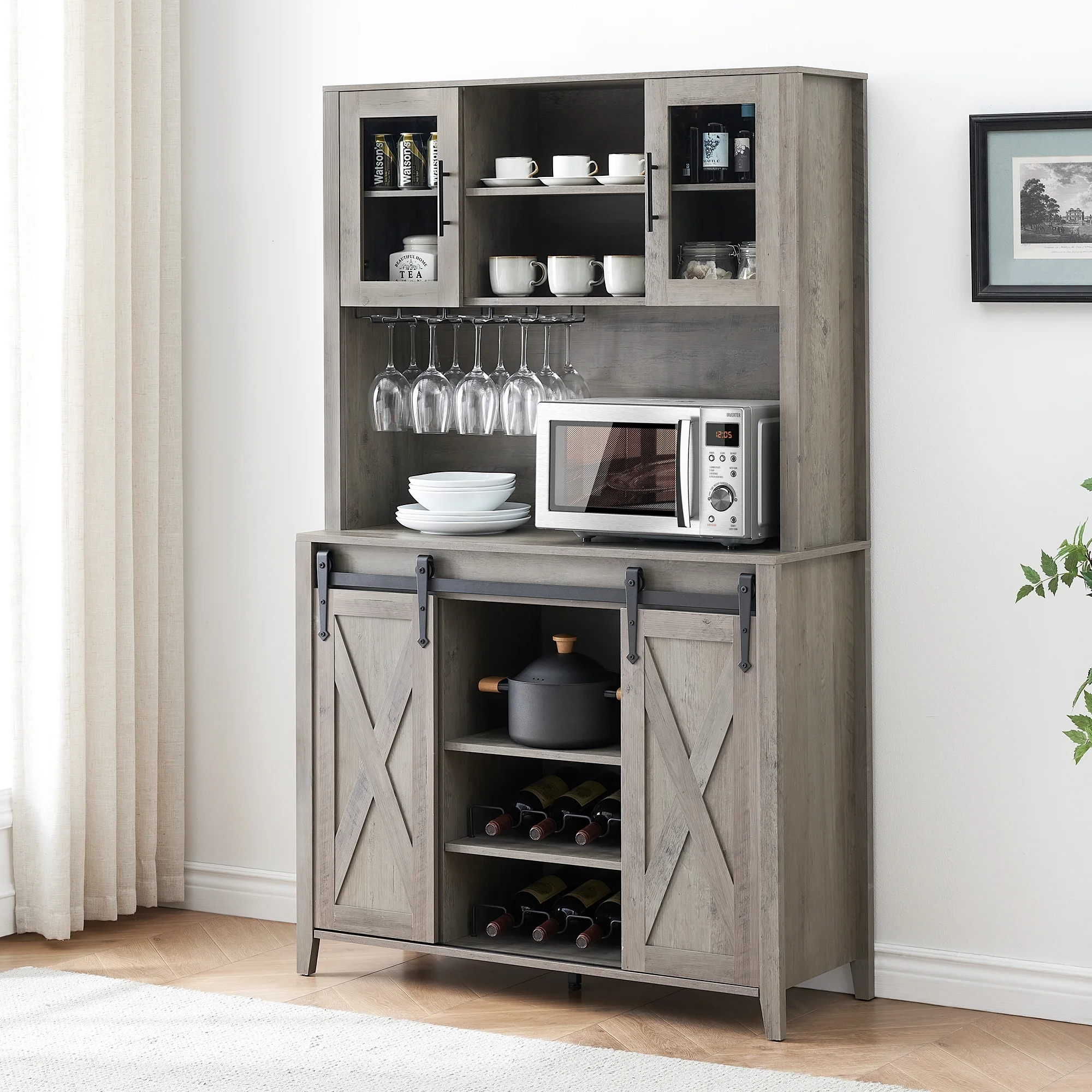 Farmhouse Bar Cabinet with Storage, Kitchen Buffet Cabinet with Sliding Barn Door and 3 Drawers, Coffee Bar with Wine and Glass Rack for Kitchen, Dining Room, White