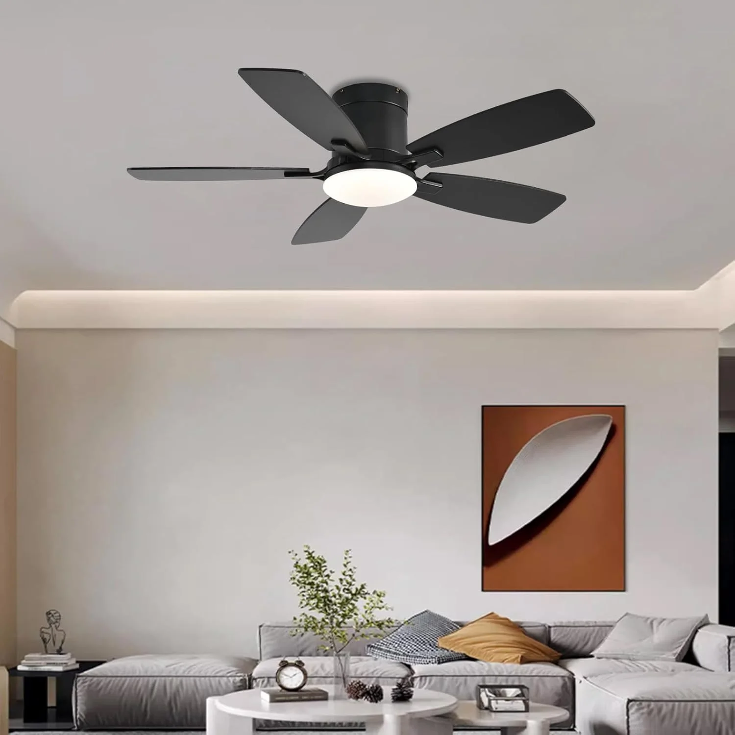 42 Inch Low Profile Ceiling Fans with Lights and Remote, Flush Mount Modern Ceiling Fan, 3 CC T DC Ceiling Fan for Bedroom, Living Room, Brushed Nickel