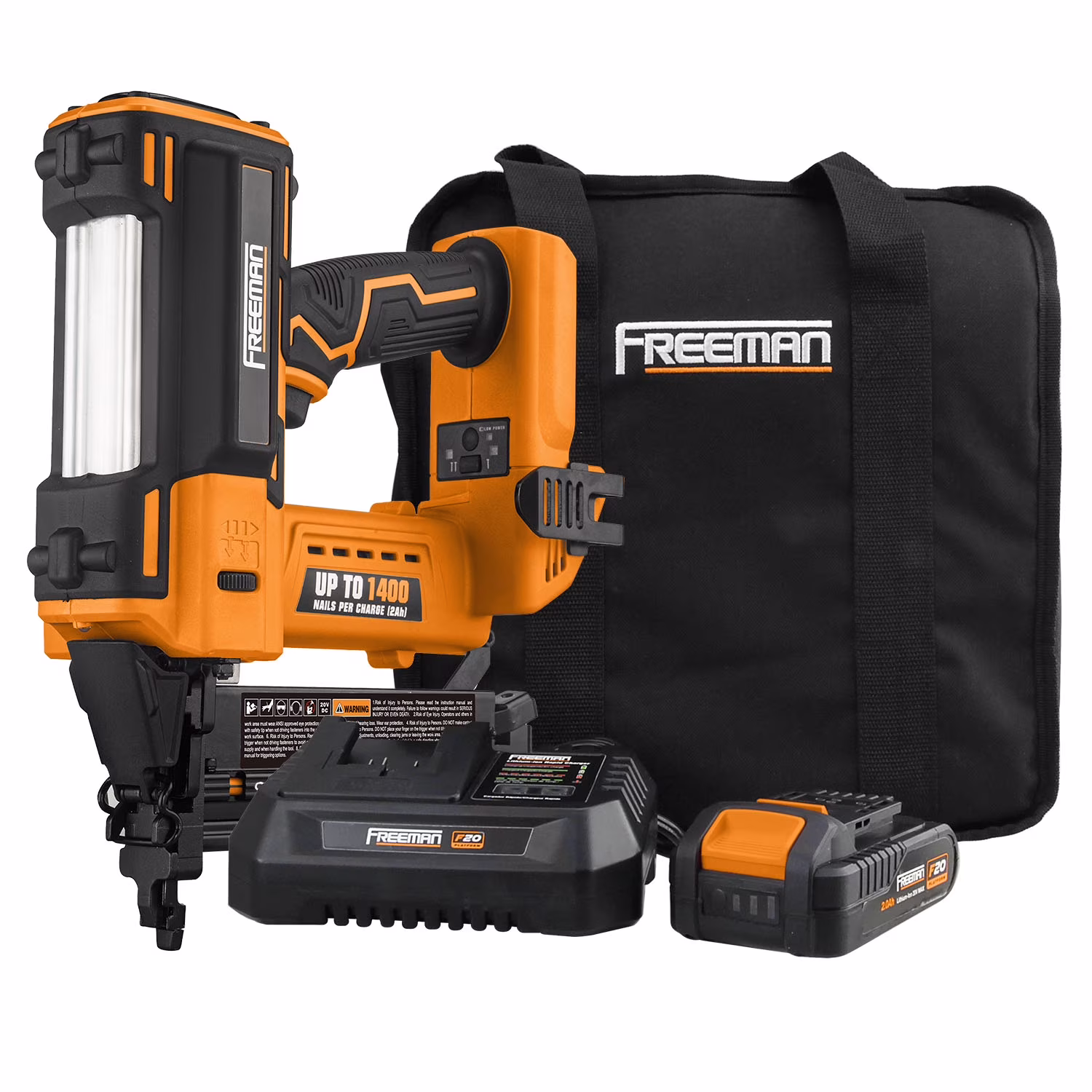 Freeman PE20V2118G2 20 Volt Cordless 2-in-1 18-Gauge Nailer / Stapler Kit with Lithium Ion Battery, Charger, Bag, and Fasteners (400 Count) -C 1400 Shots per Charge