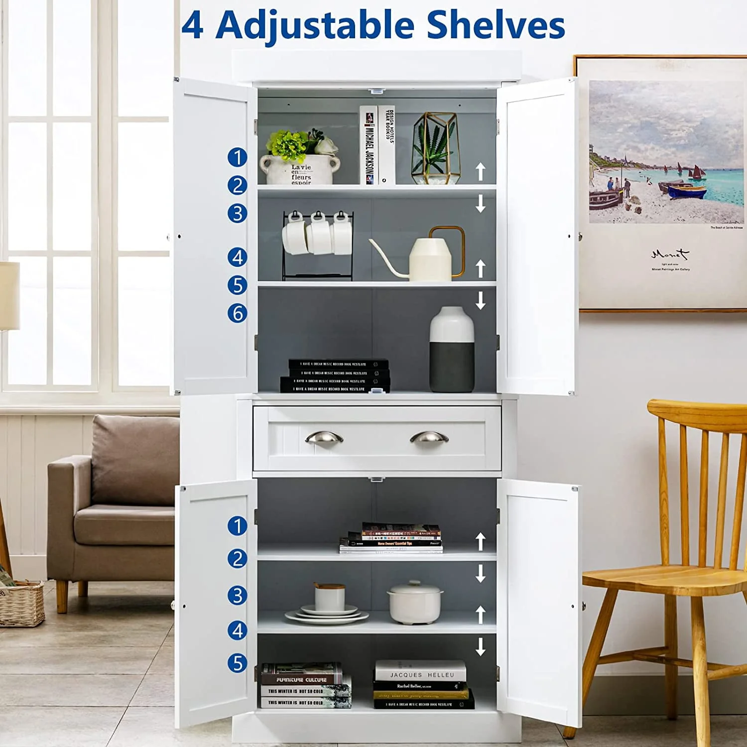 PWFE Kitchen Pantry Storage Cabinet, 72" Traditional Kitchen Pantry Cabinet, 6-Tier Freestanding Buffet Cupboards for Kitchen Storage(White)