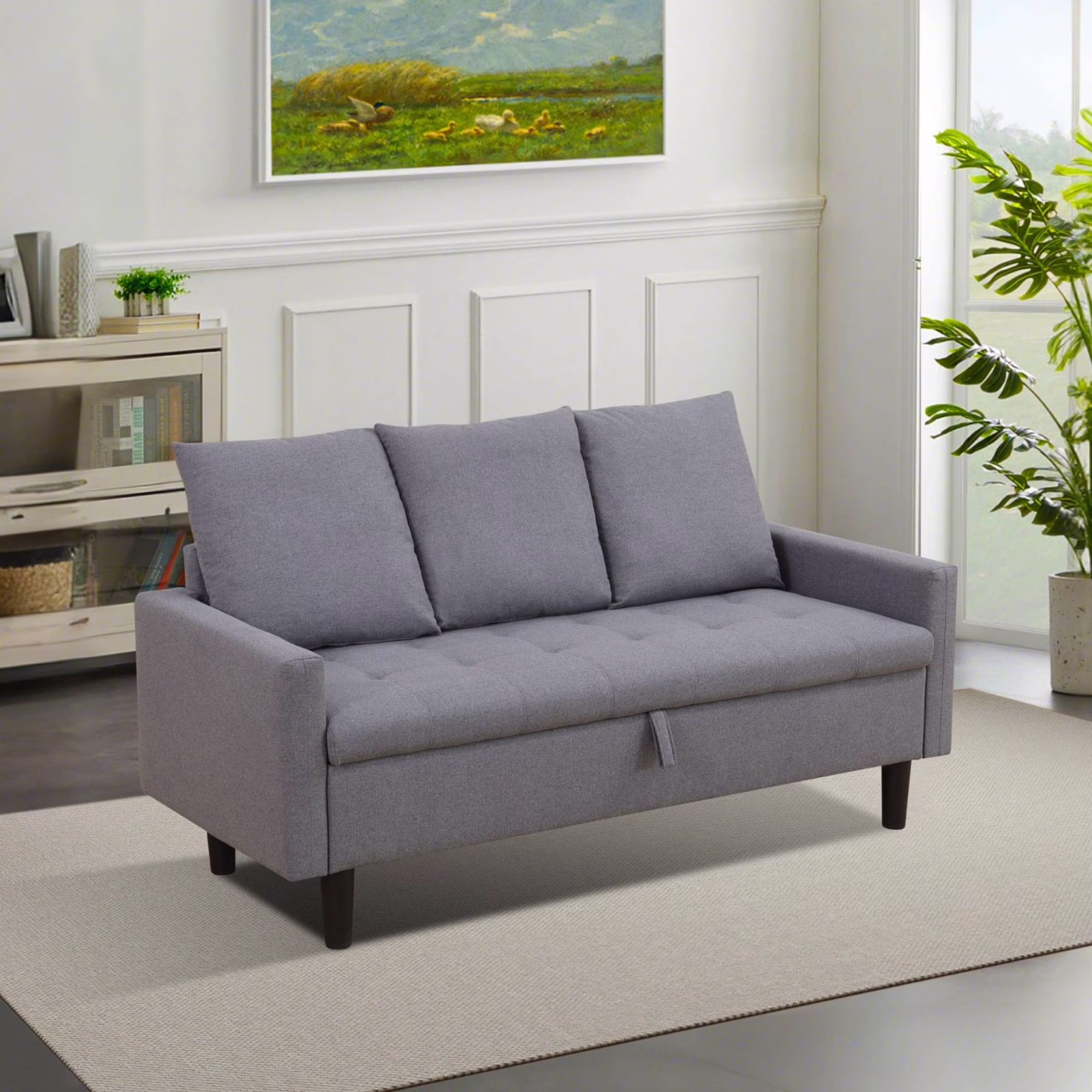 Futon Sofa Bed with Storage, Modern Futon Couch Loveseat Small Couches for Living Room, Grey