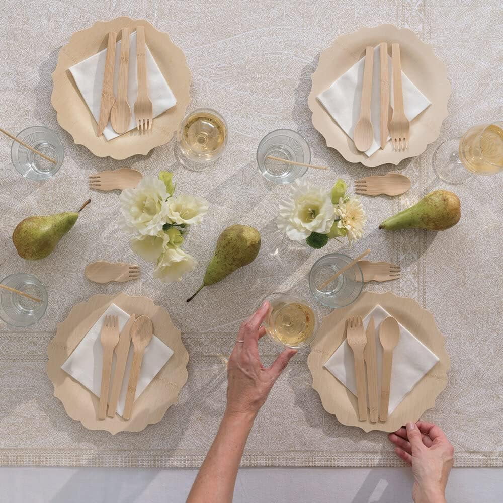 Bambu Pack of 100-9 Inch Fancy 100% Bamboo Plates -C Premium Disposable Dinnerware | Elegant, Biodegradable Veneerware Natural Tableware for Weddings, Parties, Entertaining & Special Occasions