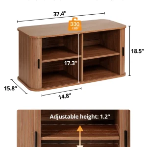Putuo Decor Fluted Entryway Shoe Storage Bench with Adjustable Shelf, Shoe Rack Bench with Sliding Tambour Door for Living Room, Bedroom, Hallway, Walnut